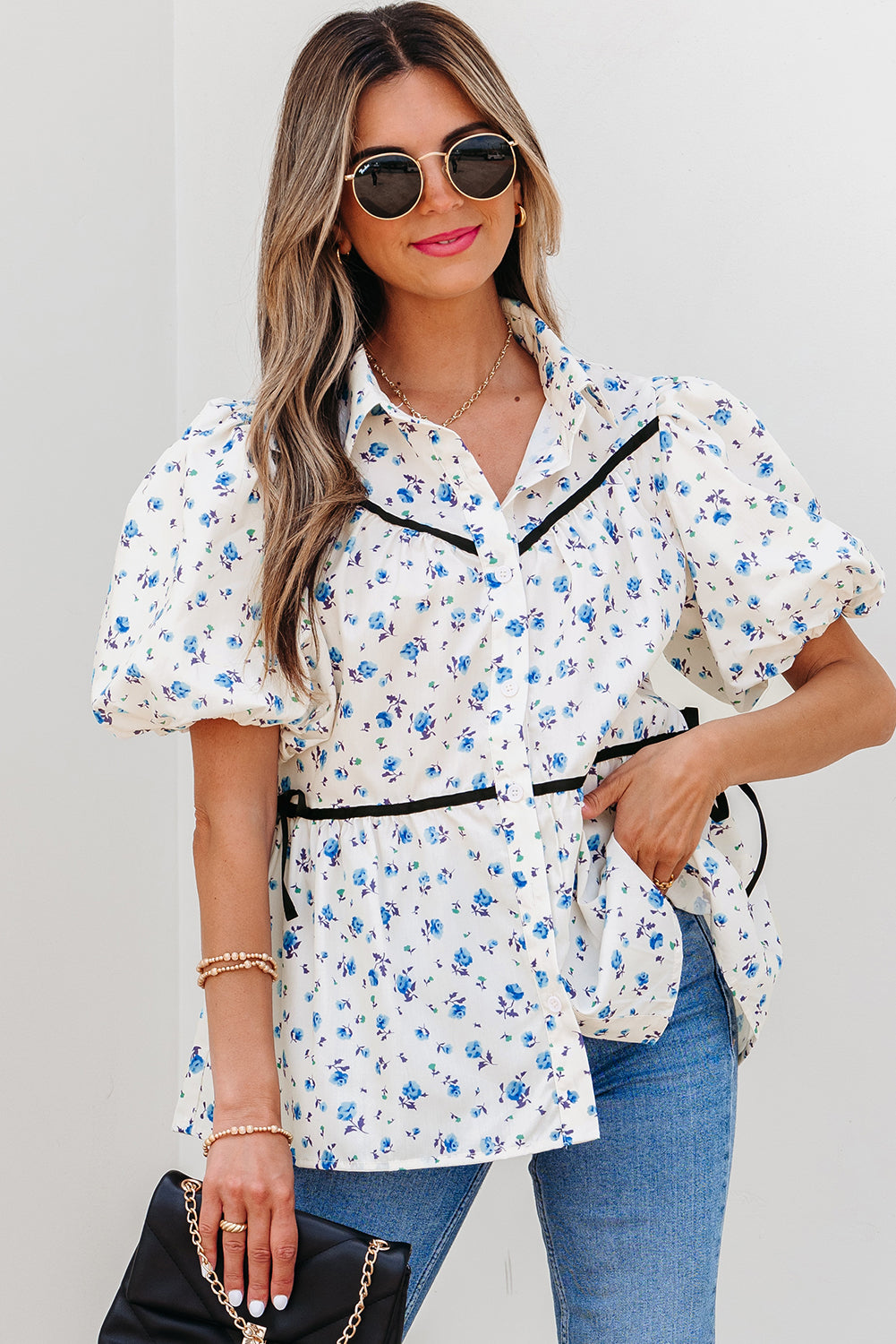 White Contrast Trim Floral Puff Short Sleeve Shirt-Tops/Blouses & Shirts-[Adult]-[Female]-2022 Online Blue Zone Planet