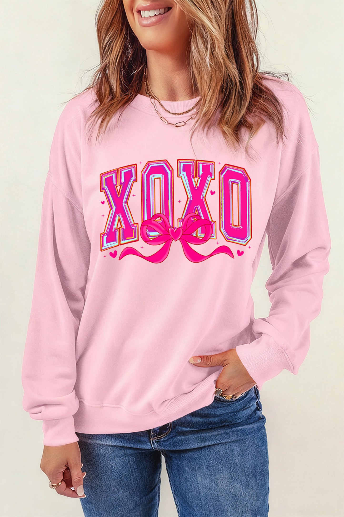 Pink XOXO Valentines Day Heart Ribbon Bow Printed Pullover Sweatshirt-Graphic Sweatshirts-[Adult]-[Female]-2022 Online Blue Zone Planet