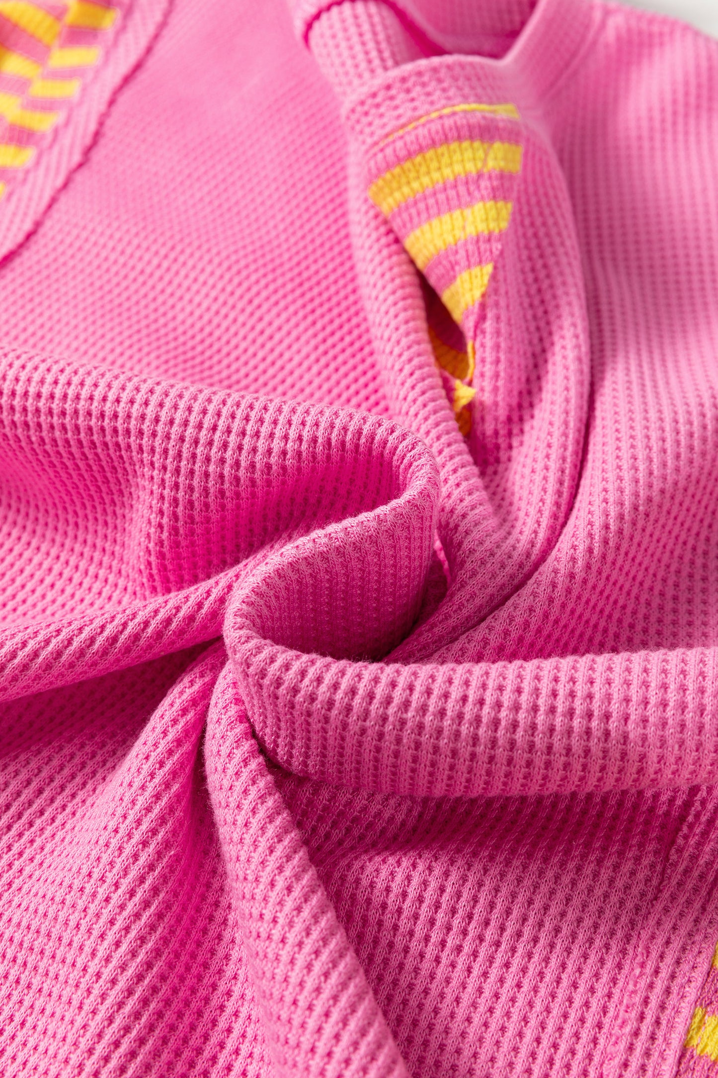 Bright Pink Waffle Textured Contrast Striped Patchwork Loose T Shirt-Tops/Tops & Tees-[Adult]-[Female]-2022 Online Blue Zone Planet