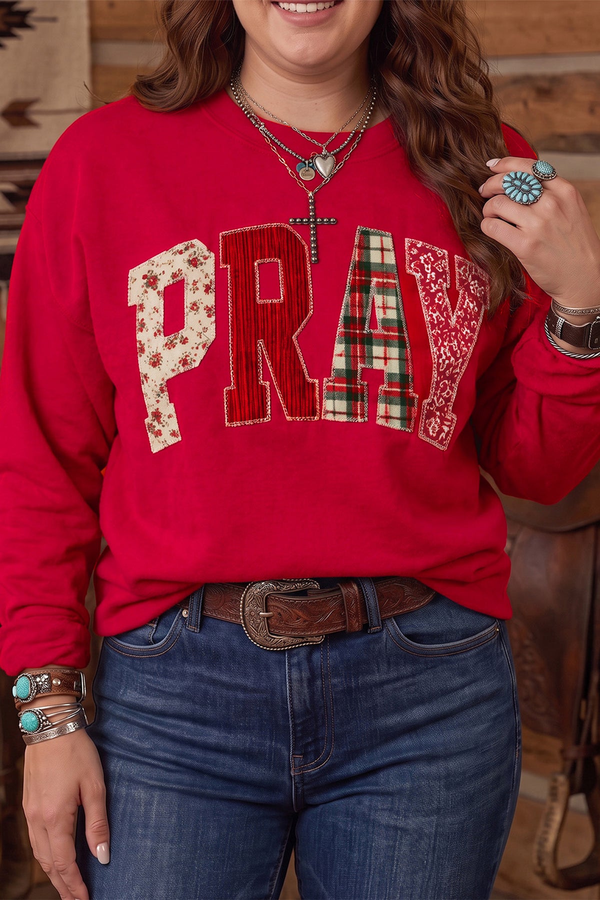 Fiery Red PRAY Letter Patchwork Round Neck Long Sleeve Plus Size Sweatshirt-Plus Size/Plus Size Sweatshirts & Hoodies-[Adult]-[Female]-2022 Online Blue Zone Planet