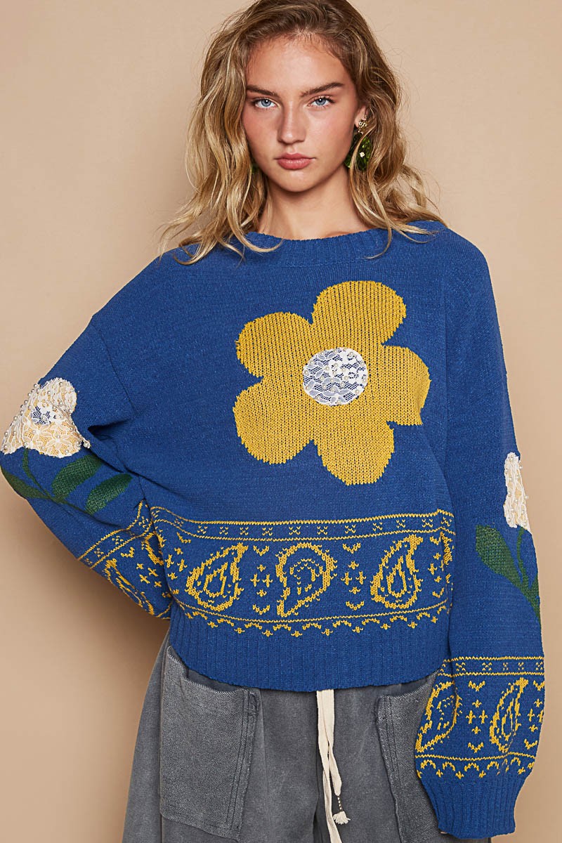 Blue Zone Planet | POL Flower Lace Patch Long Sleeve Sweater-TOPS / DRESSES-[Adult]-[Female]-Blue-S-2022 Online Blue Zone Planet