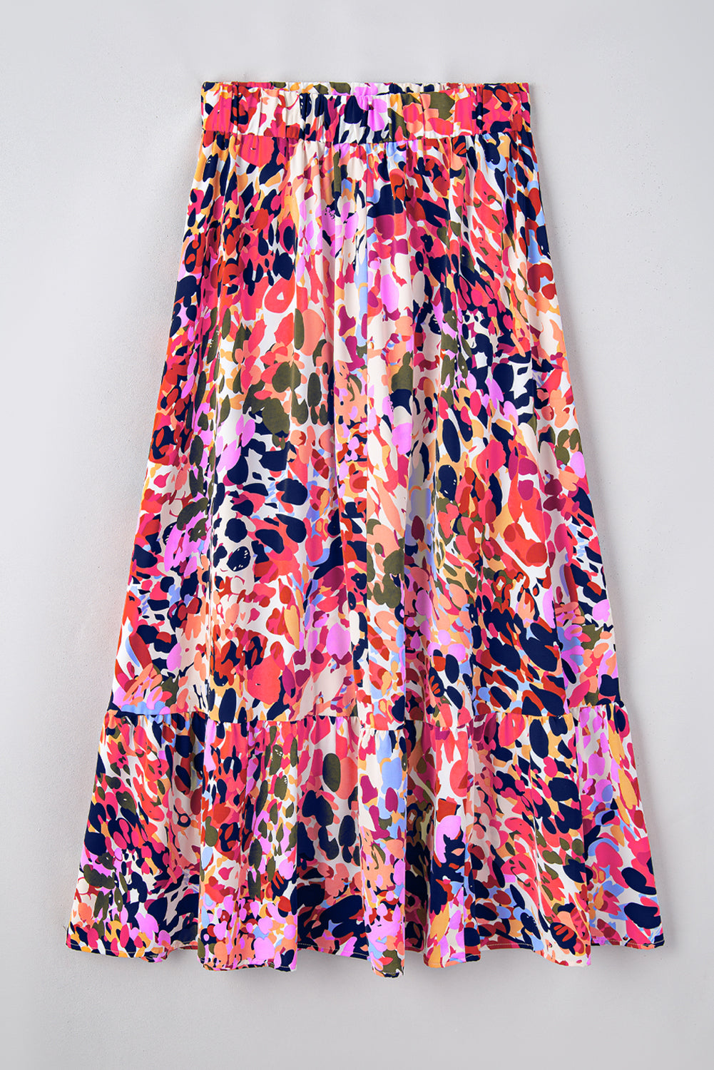 White Abstract Floral Print Ruffled High Waist Maxi Skirt Blue Zone Planet