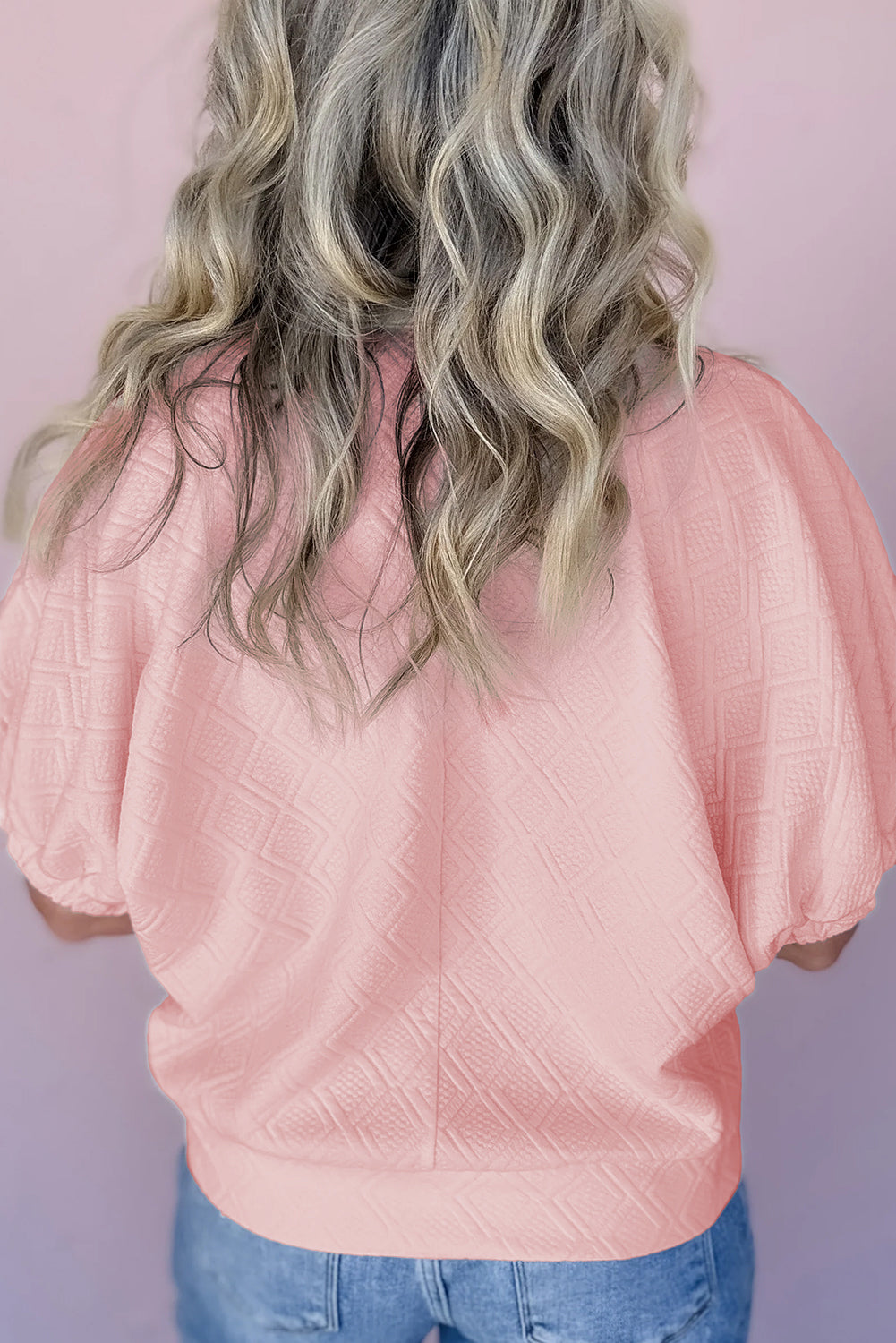 Light Pink Contrast Striped Collar Patchwork Textured Half Sleeve Blouse-Tops/Blouses & Shirts-[Adult]-[Female]-2022 Online Blue Zone Planet