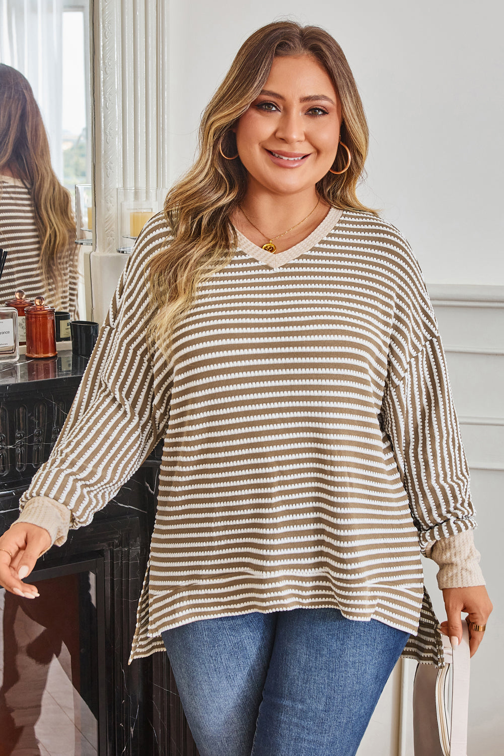Khaki Stripe Textured Dolman Sleeve High Low Plus Size Top-Plus Size/Plus Size Tops/Plus Size Long Sleeve Tops-[Adult]-[Female]-2022 Online Blue Zone Planet