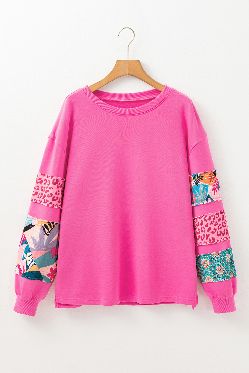 Blue Zone Planet | Sachet Pink Mixed Print Patch Drop Shoulder Pullover Top-Tops/Long Sleeve Tops-[Adult]-[Female]-2022 Online Blue Zone Planet