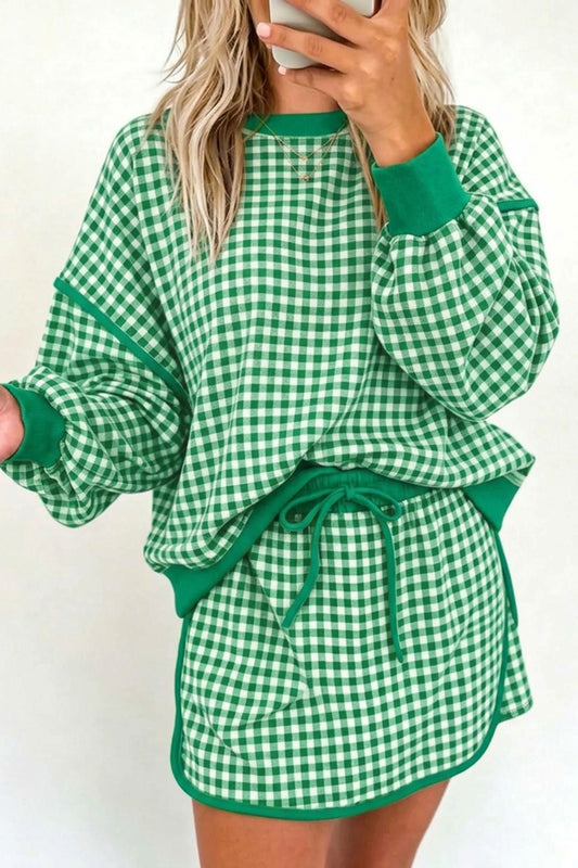 Green Gingham Oversized Ribbed Trim Crew Neck Long Sleeve Top and Skort Set