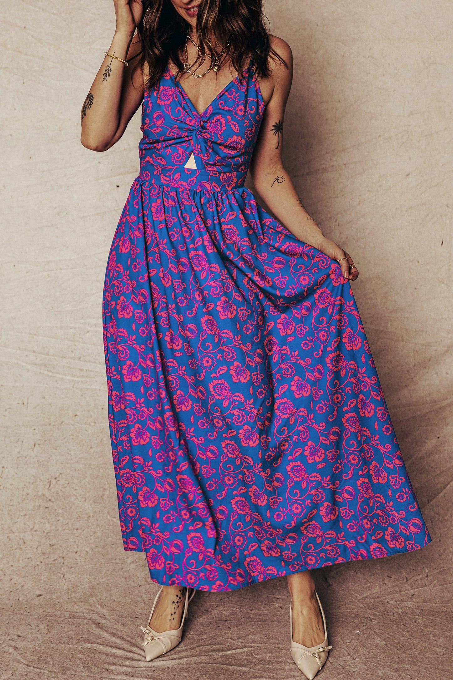 Blue Floral Print Twisted V Neck Tied Backless Maxi Dress-TOPS / DRESSES-[Adult]-[Female]-2022 Online Blue Zone Planet
