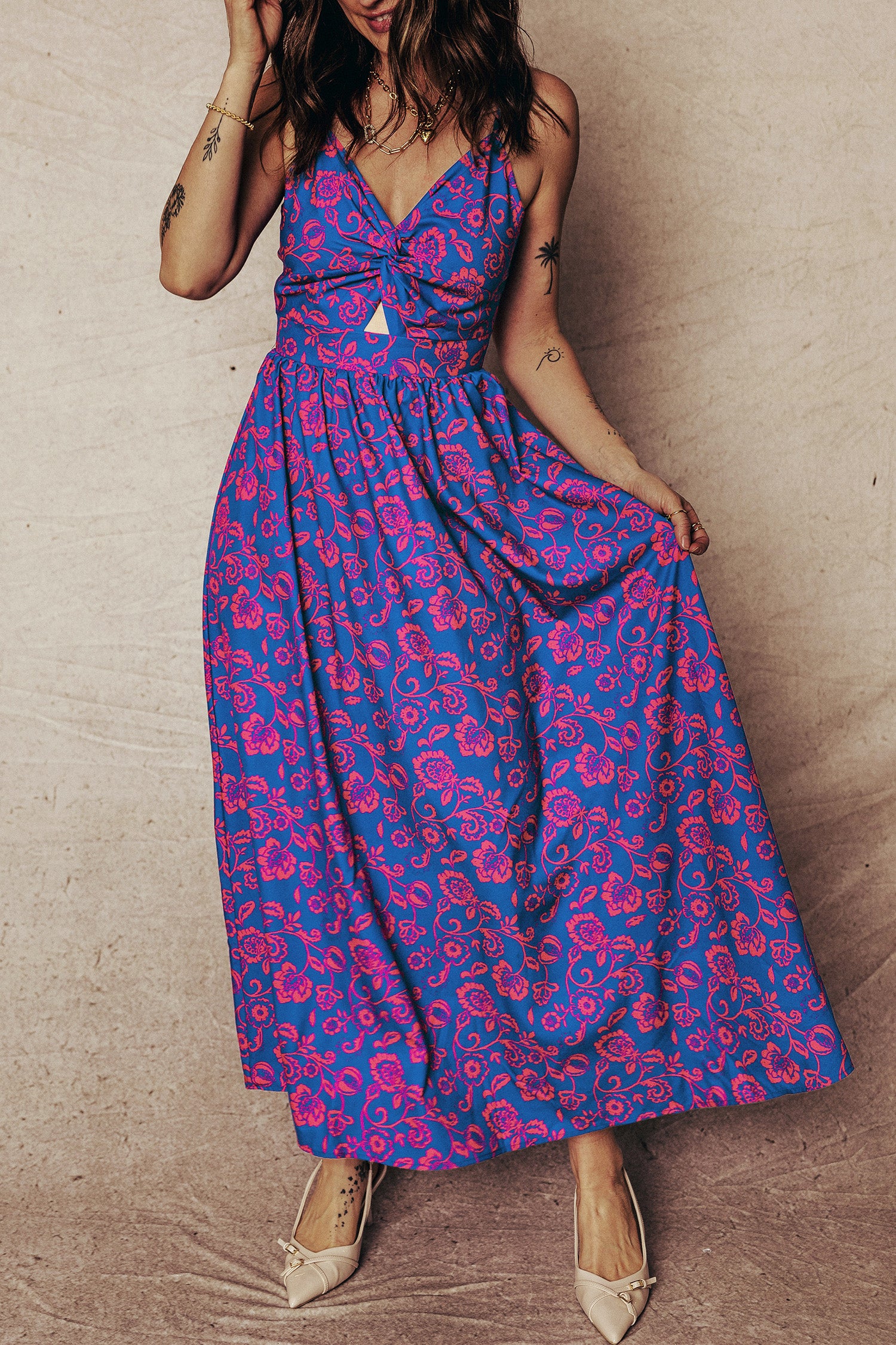 Blue Floral Print Twisted V Neck Tied Backless Maxi Dress-TOPS / DRESSES-[Adult]-[Female]-2022 Online Blue Zone Planet
