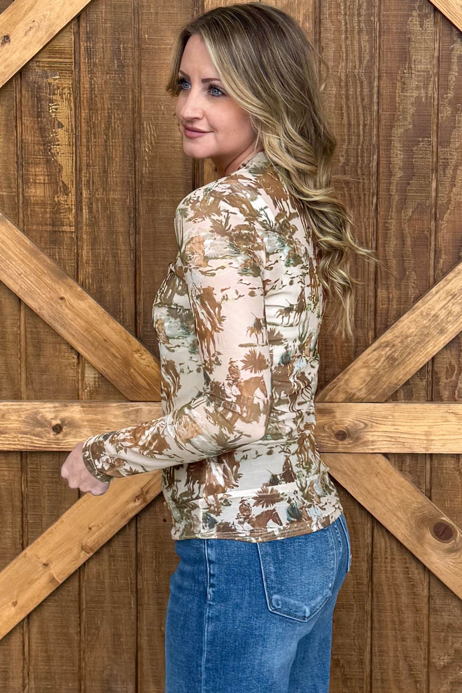Brown Western Cowboy Floral Print Sheer Mesh Long Sleeve Top-Tops/Long Sleeve Tops-[Adult]-[Female]-2022 Online Blue Zone Planet
