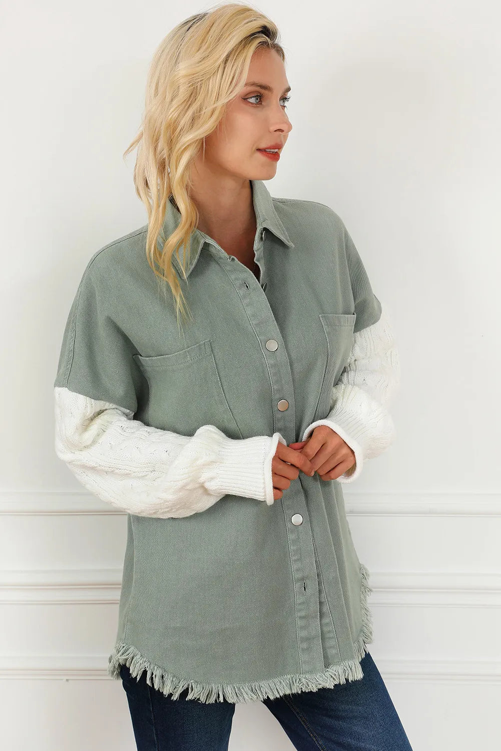 Raw Hem Collared Neck Button Up Long Sleeve Jacket-TOPS / DRESSES-[Adult]-[Female]-2022 Online Blue Zone Planet