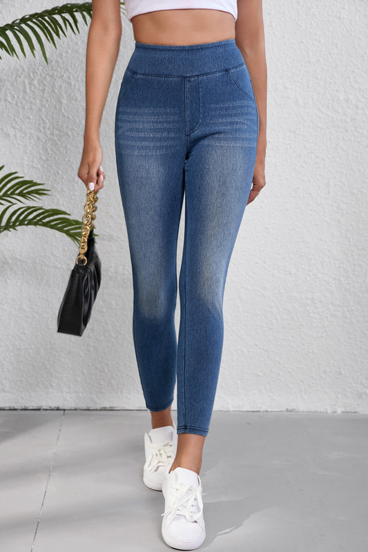 Navy Blue Skinny Elastic Waist Ankle Length Mid Waist Jeggings with Pockets-Bottoms/Leggings-[Adult]-[Female]-Navy Blue-S-2022 Online Blue Zone Planet