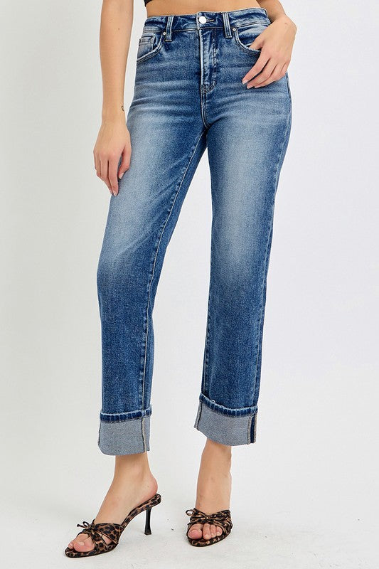 RISEN Full Size High Rise Crop Straight Roll Up Jeans-BOTTOMS SIZES SMALL MEDIUM LARGE-[Adult]-[Female]-Dark-0(24)-2022 Online Blue Zone Planet