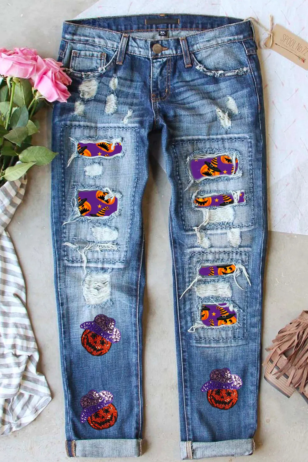 Distressed Sequin Pumpkin Jeans-[Adult]-[Female]-Medium-4-2022 Online Blue Zone Planet