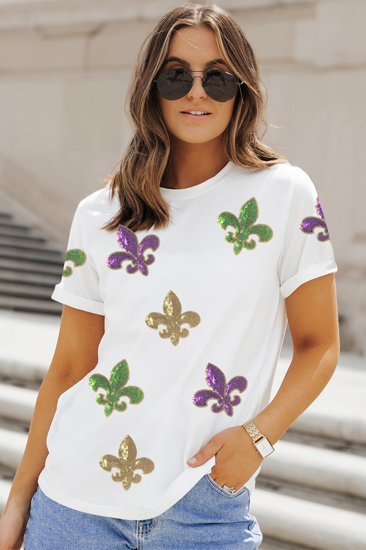 White Mardi Gras Fleur De Lis Sequin Graphic T Shirt-Graphic Tees-[Adult]-[Female]-2022 Online Blue Zone Planet