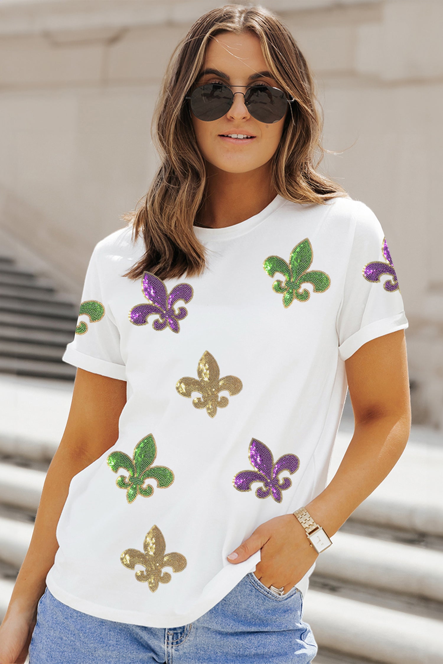 White Mardi Gras Fleur De Lis Sequin Graphic T Shirt-Graphic Tees-[Adult]-[Female]-2022 Online Blue Zone Planet