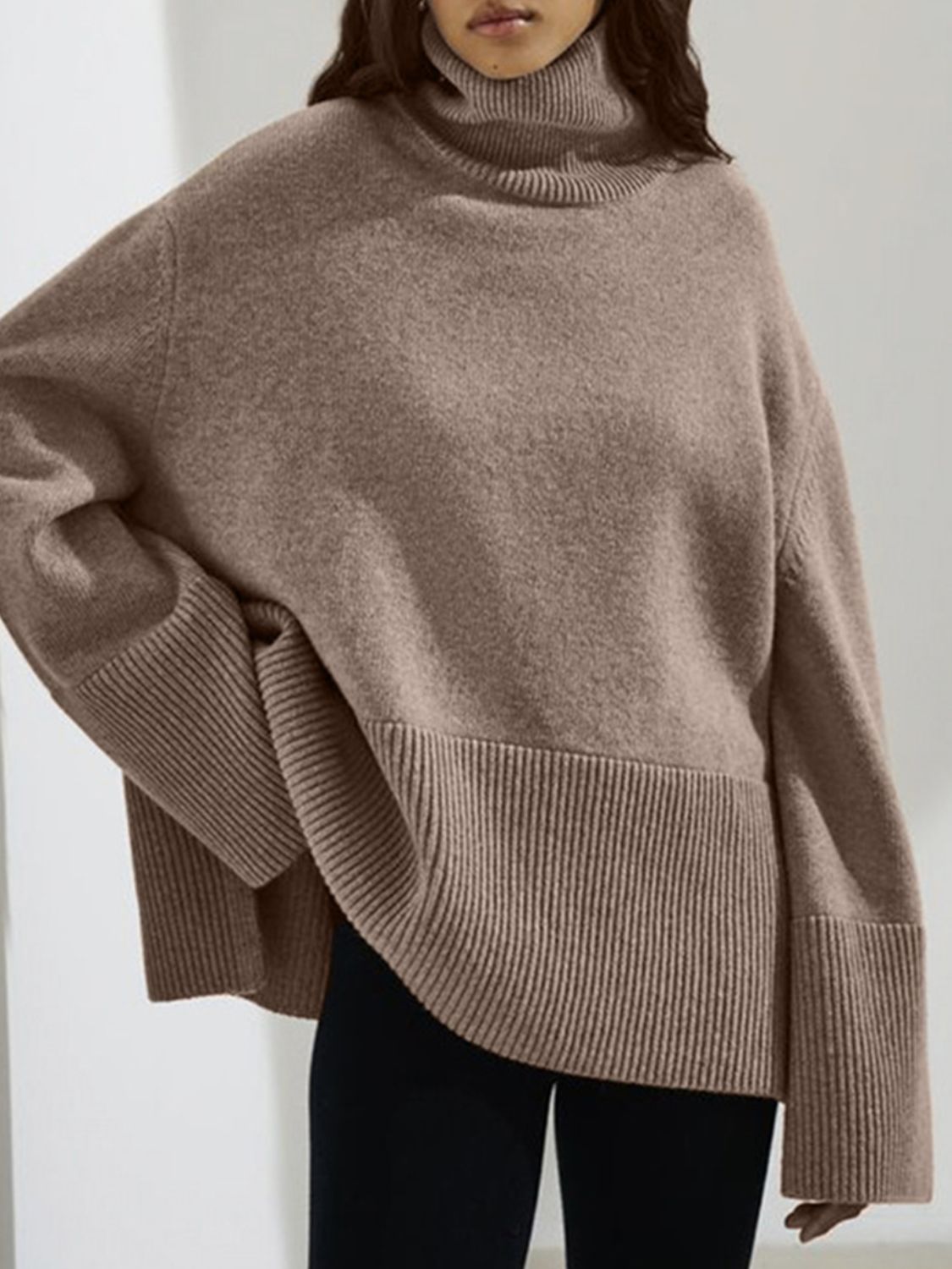 Side Slit Turtleneck Drop Shoulder Sweater-TOPS / DRESSES-[Adult]-[Female]-Mocha-One Size-2022 Online Blue Zone Planet