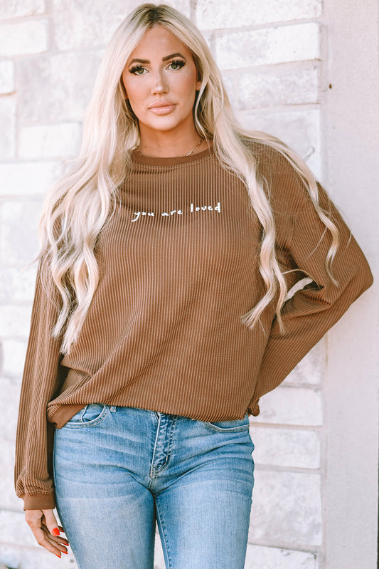 Khaki You Are Loved Print Corduroy Sweatshirt-Sale (50% OFF)/30% OFF-[Adult]-[Female]-Khaki-S-2022 Online Blue Zone Planet