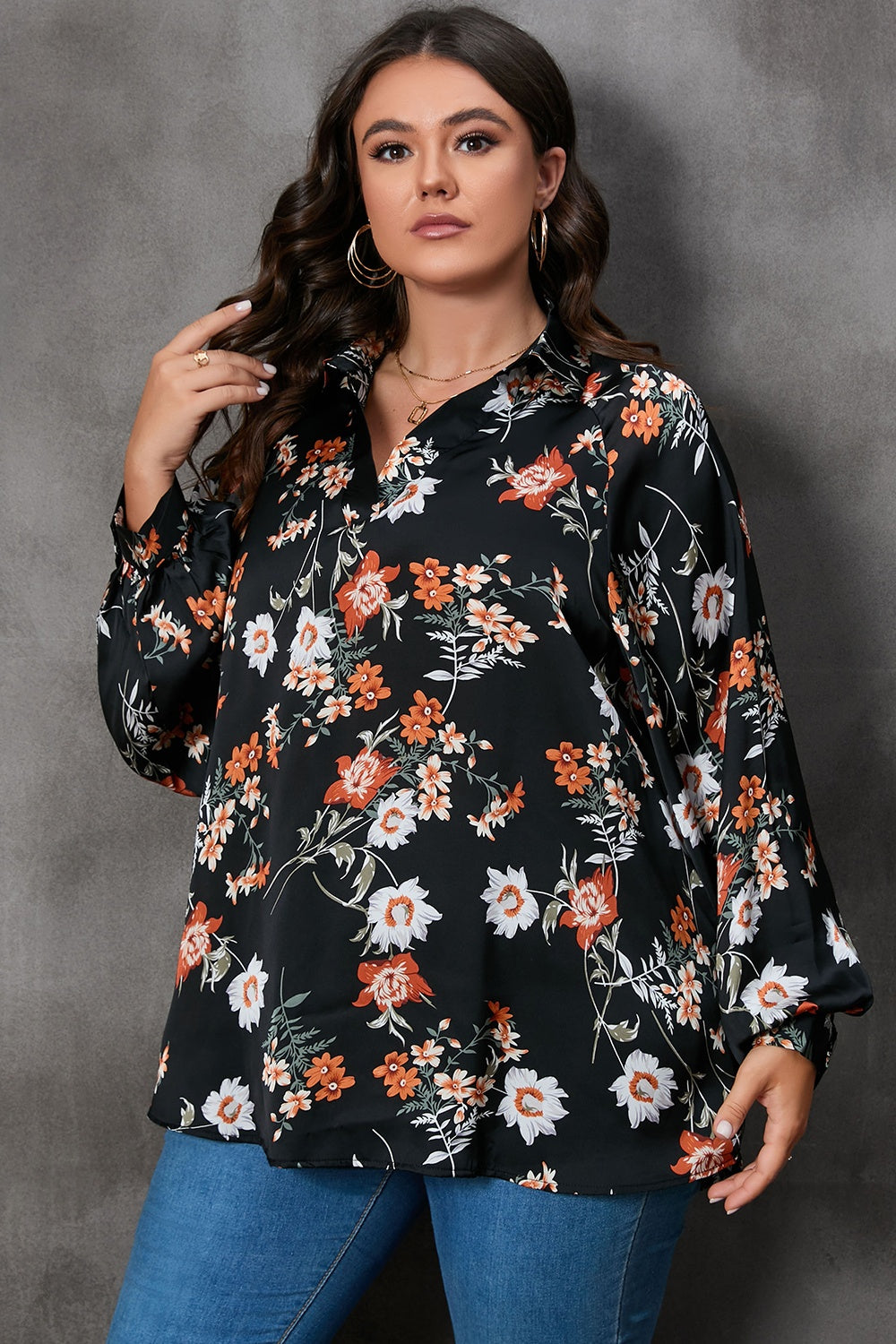 Plus Size Printed Johnny Collar Long Sleeve Blouse-TOPS / DRESSES-[Adult]-[Female]-2022 Online Blue Zone Planet