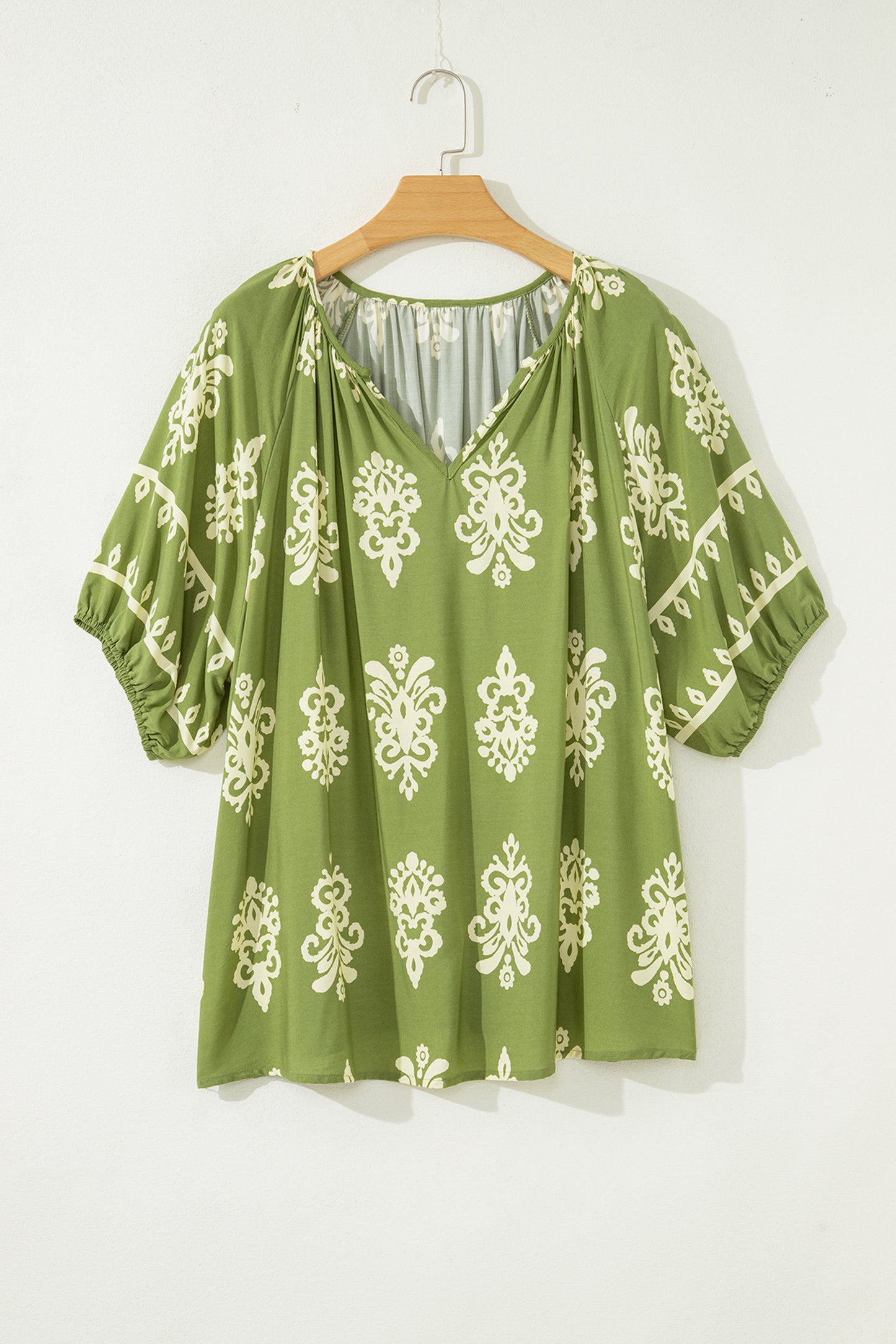 Green Boho Chic Notched V Neck Plus Floral Short Sleeve Top-Plus Size/Plus Size Tops/Plus Size Blouses & Shirts-[Adult]-[Female]-2022 Online Blue Zone Planet