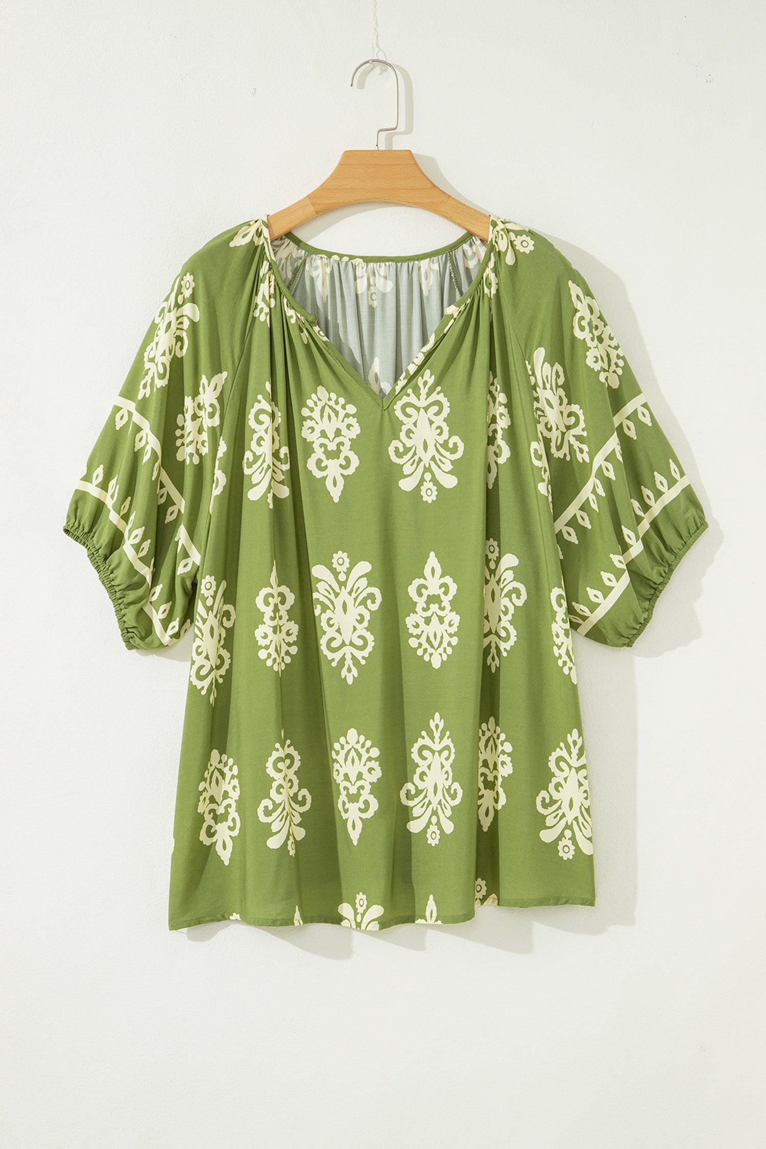 Green Boho Chic Notched V Neck Plus Floral Short Sleeve Top-Plus Size/Plus Size Tops/Plus Size Blouses & Shirts-[Adult]-[Female]-2022 Online Blue Zone Planet