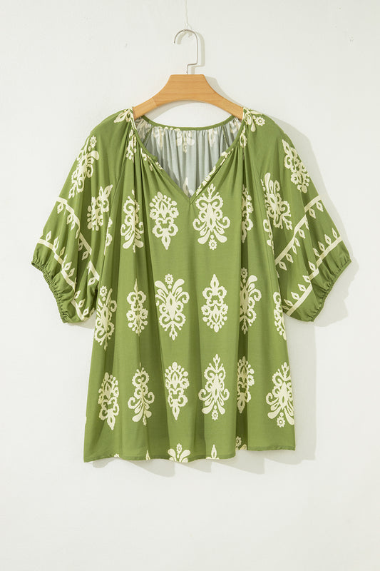 Green Boho Chic Notched V Neck Plus Floral Short Sleeve Top-Plus Size/Plus Size Tops/Plus Size Blouses & Shirts-[Adult]-[Female]-2022 Online Blue Zone Planet
