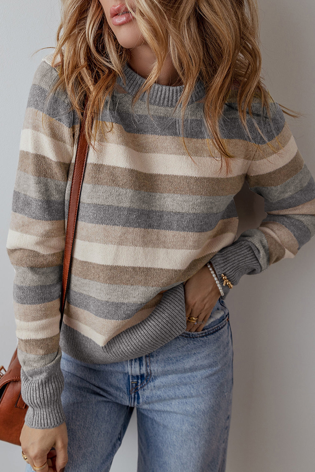 Blue Zone Planet | Green Color Block Ribbed Edge Round Neck Sweater-Sweaters & Cardigans/Sweaters-[Adult]-[Female]-Gray Stripe-S-2022 Online Blue Zone Planet