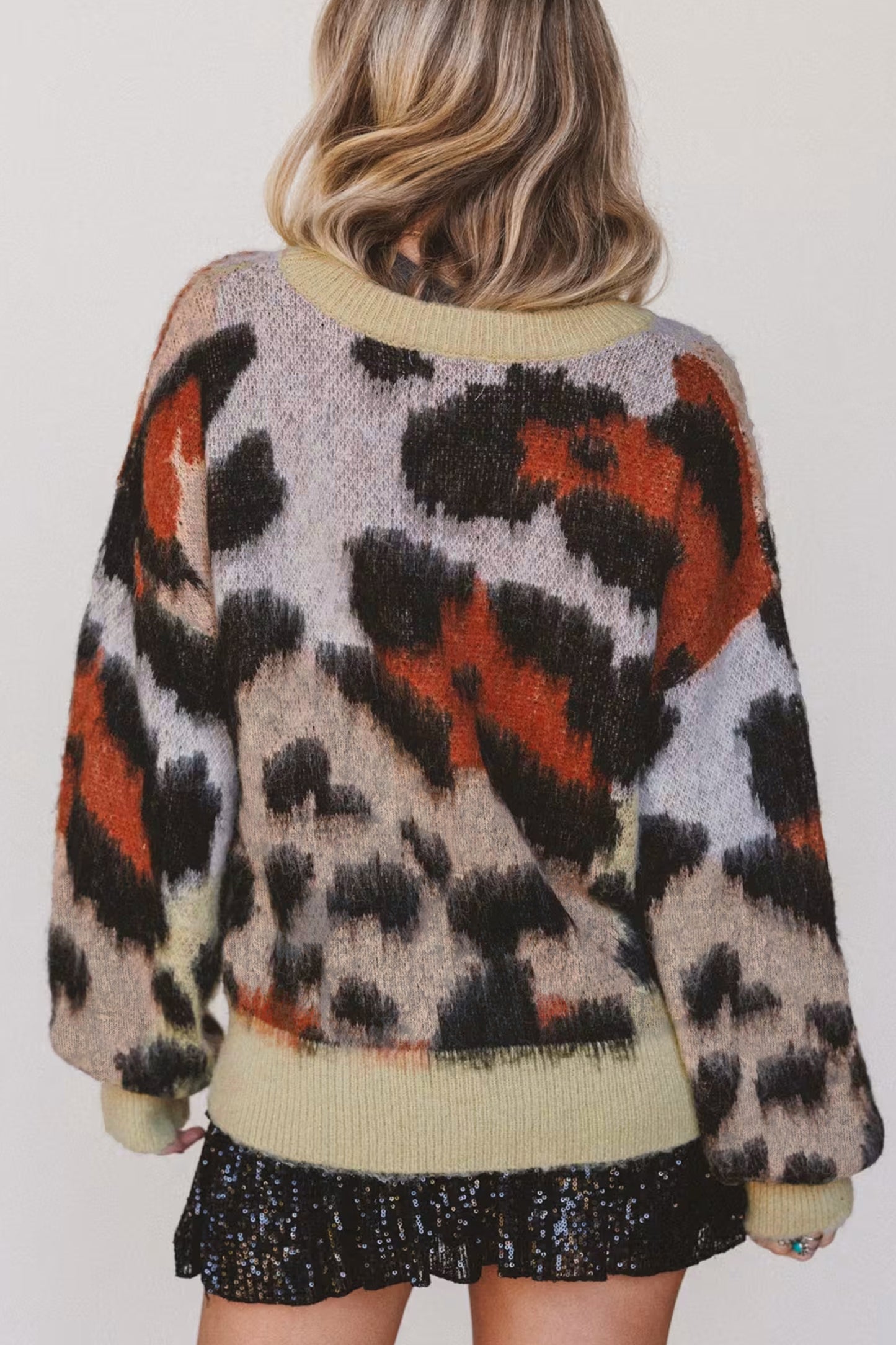 Khaki Leopard Print Drop Shoulder Long Sleeve Round Neck Sweater-Sweaters & Cardigans/Sweaters-[Adult]-[Female]-2022 Online Blue Zone Planet