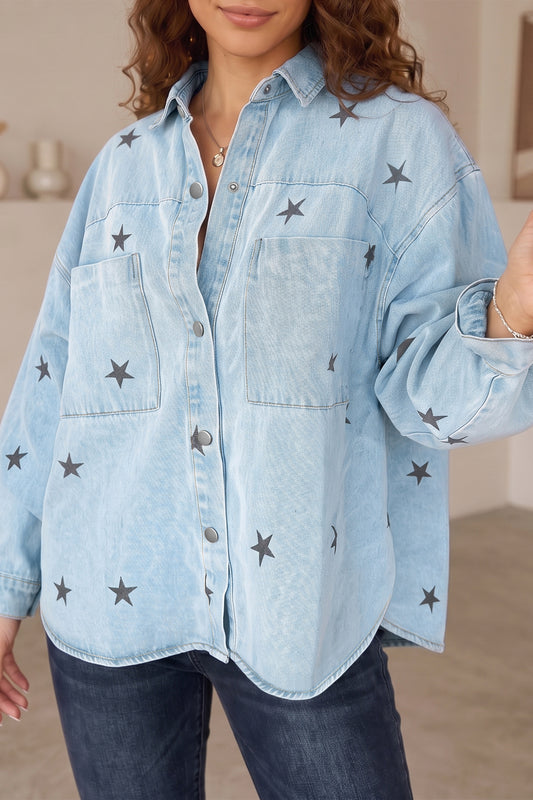 Sky Blue Stars Pattern Long Sleeve Shirt Collar Denim Jacket-Outerwear/Denim jackets-[Adult]-[Female]-Sky Blue-S-2022 Online Blue Zone Planet