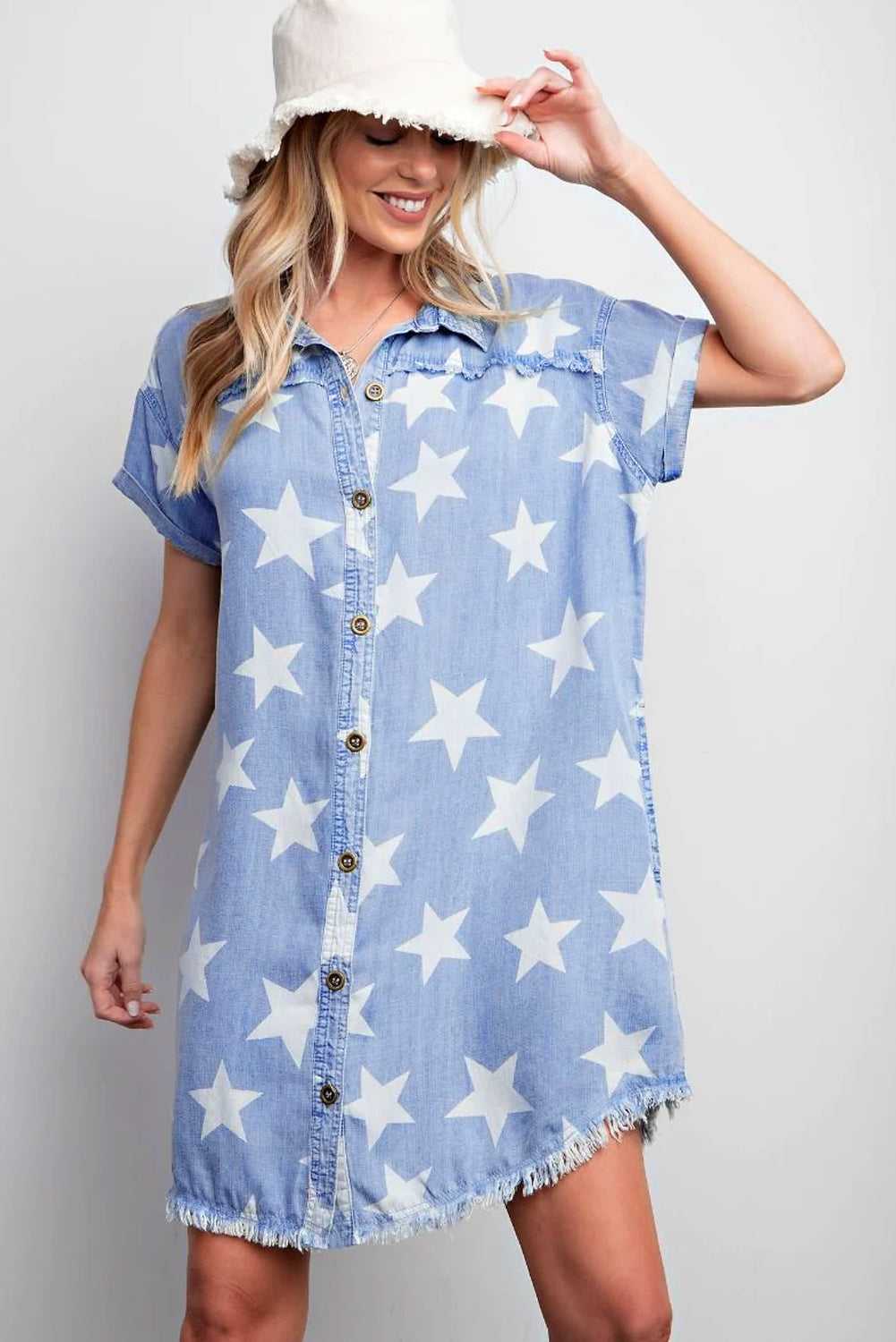 Blue Zone Planet | Sky Blue Stars Frayed Hem Collared Short Sleeve Denim Dress-TOPS / DRESSES-[Adult]-[Female]-2022 Online Blue Zone Planet