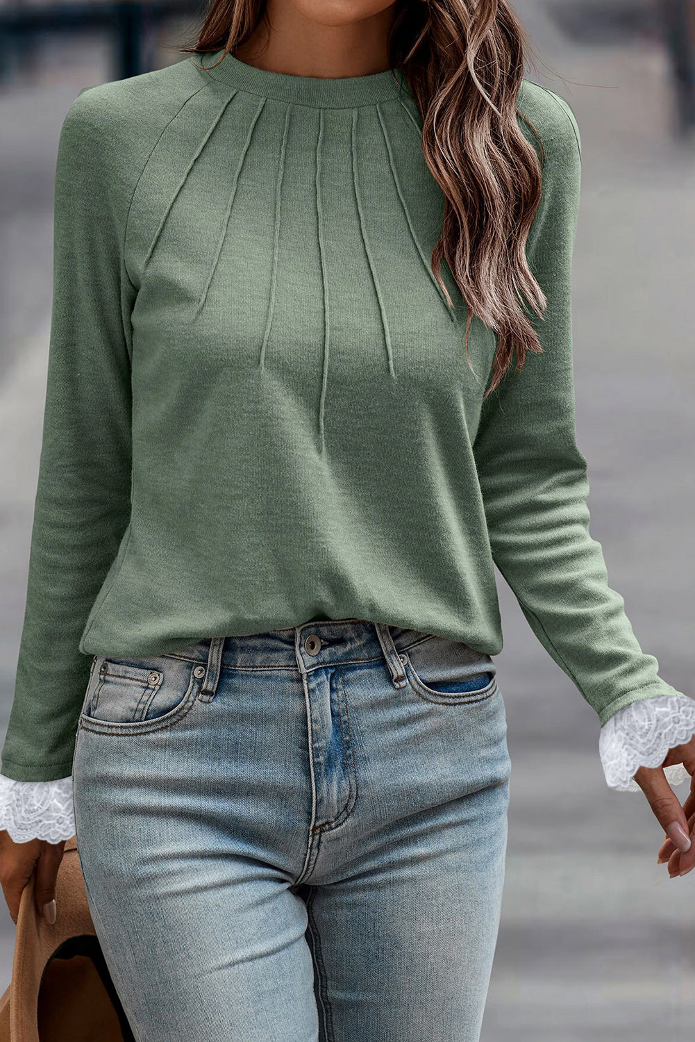 Parchment Seam Detail Lace Contrast Cuffs Raglan Sleeve Top-Tops/Long Sleeve Tops-[Adult]-[Female]-Grass Green-S-2022 Online Blue Zone Planet