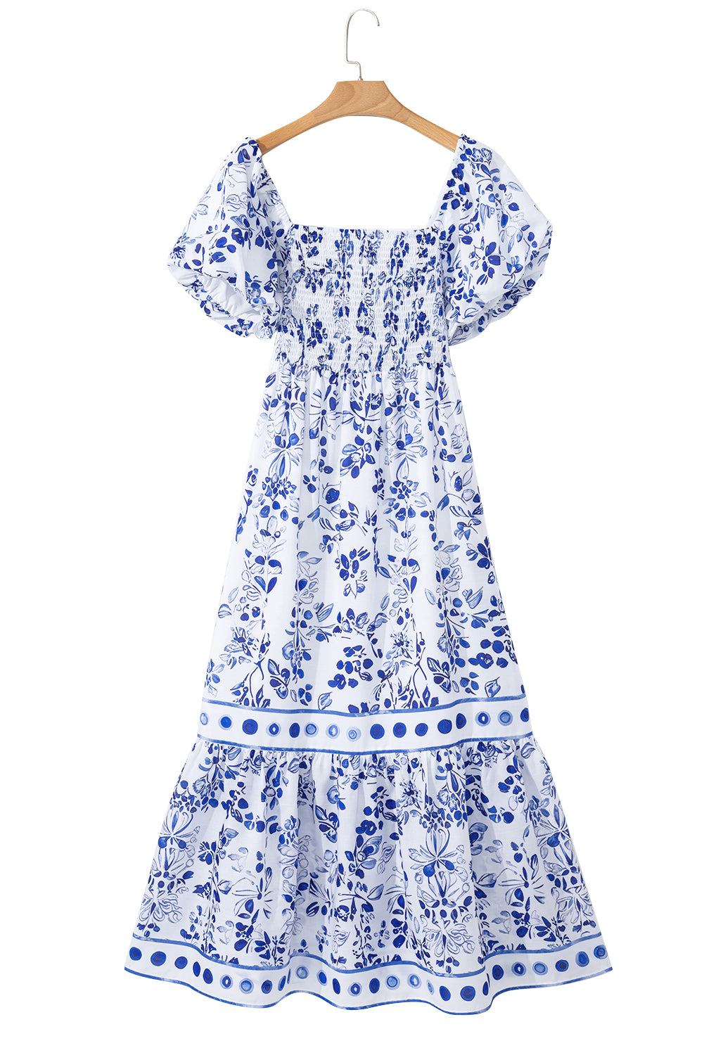 Sky Blue Floral Print Square Neck Bubble Sleeve High Waist Maxi Dress-TOPS / DRESSES-[Adult]-[Female]-2022 Online Blue Zone Planet