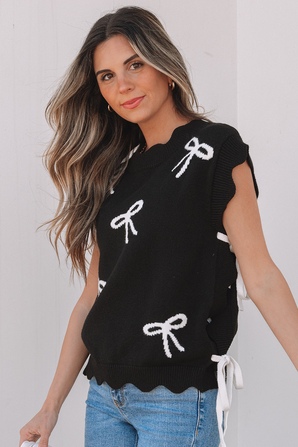 Black Bow Print Side Ties Scalloped Hem Sweater T Shirt-Sweaters & Cardigans/Short Sleeve Sweaters-[Adult]-[Female]-2022 Online Blue Zone Planet