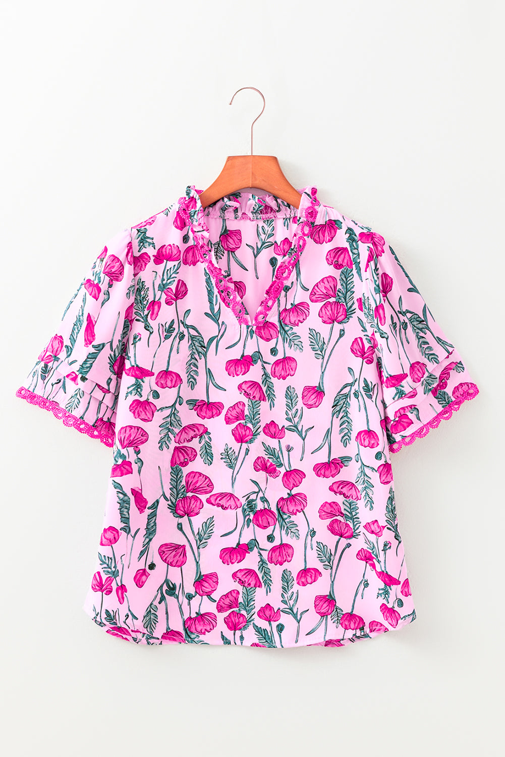 Pink Floral Lace Detail Frilled V Neck Summer Blouse-Tops/Blouses & Shirts-[Adult]-[Female]-2022 Online Blue Zone Planet
