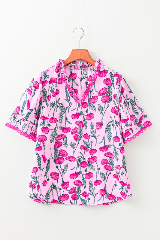 Pink Floral Lace Detail Frilled V Neck Summer Blouse-Tops/Blouses & Shirts-[Adult]-[Female]-2022 Online Blue Zone Planet