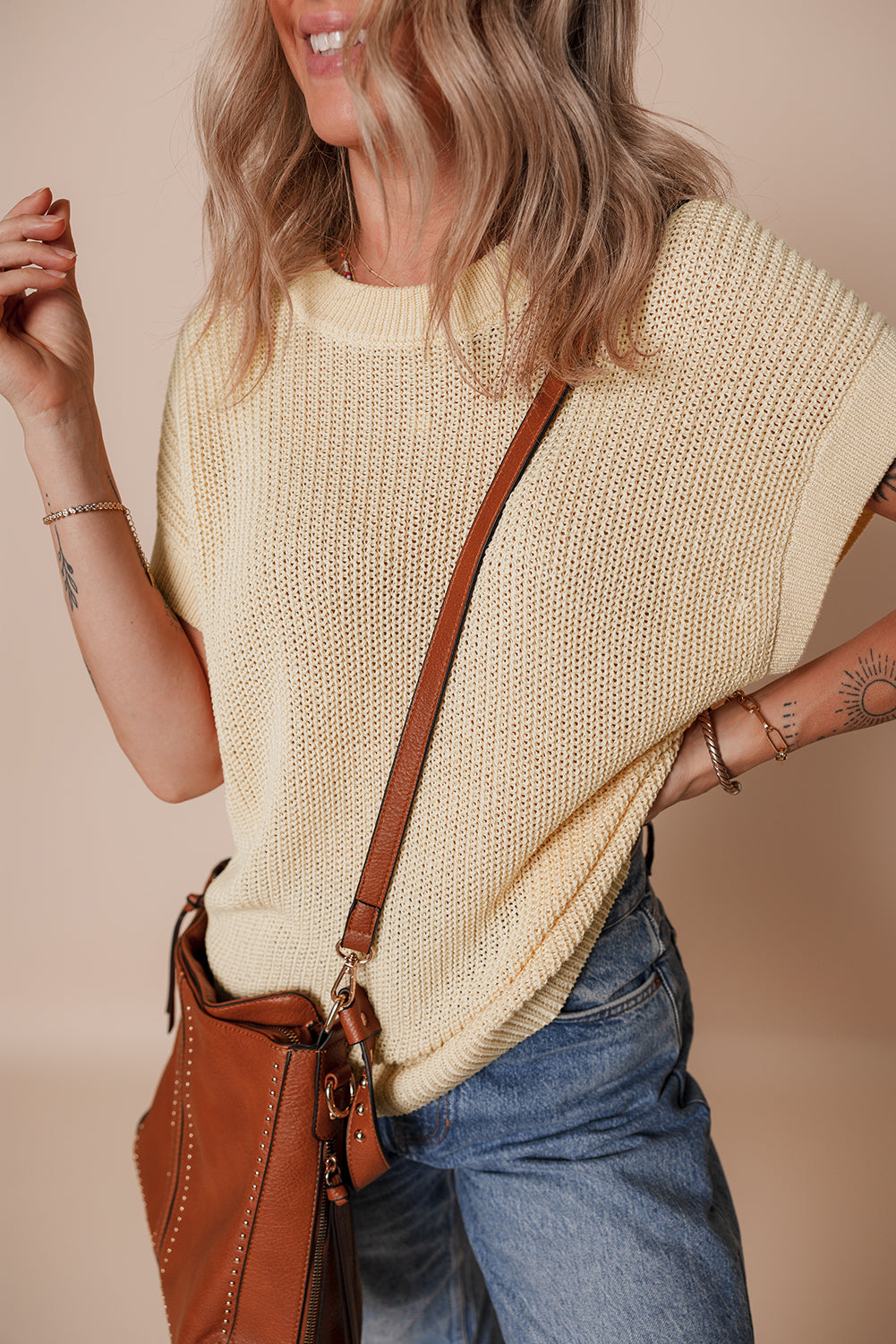 Oatmeal Solid Color Batwing Short Sleeve Round Neck Knit T Shirt-Sweaters & Cardigans/Short Sleeve Sweaters-[Adult]-[Female]-2022 Online Blue Zone Planet