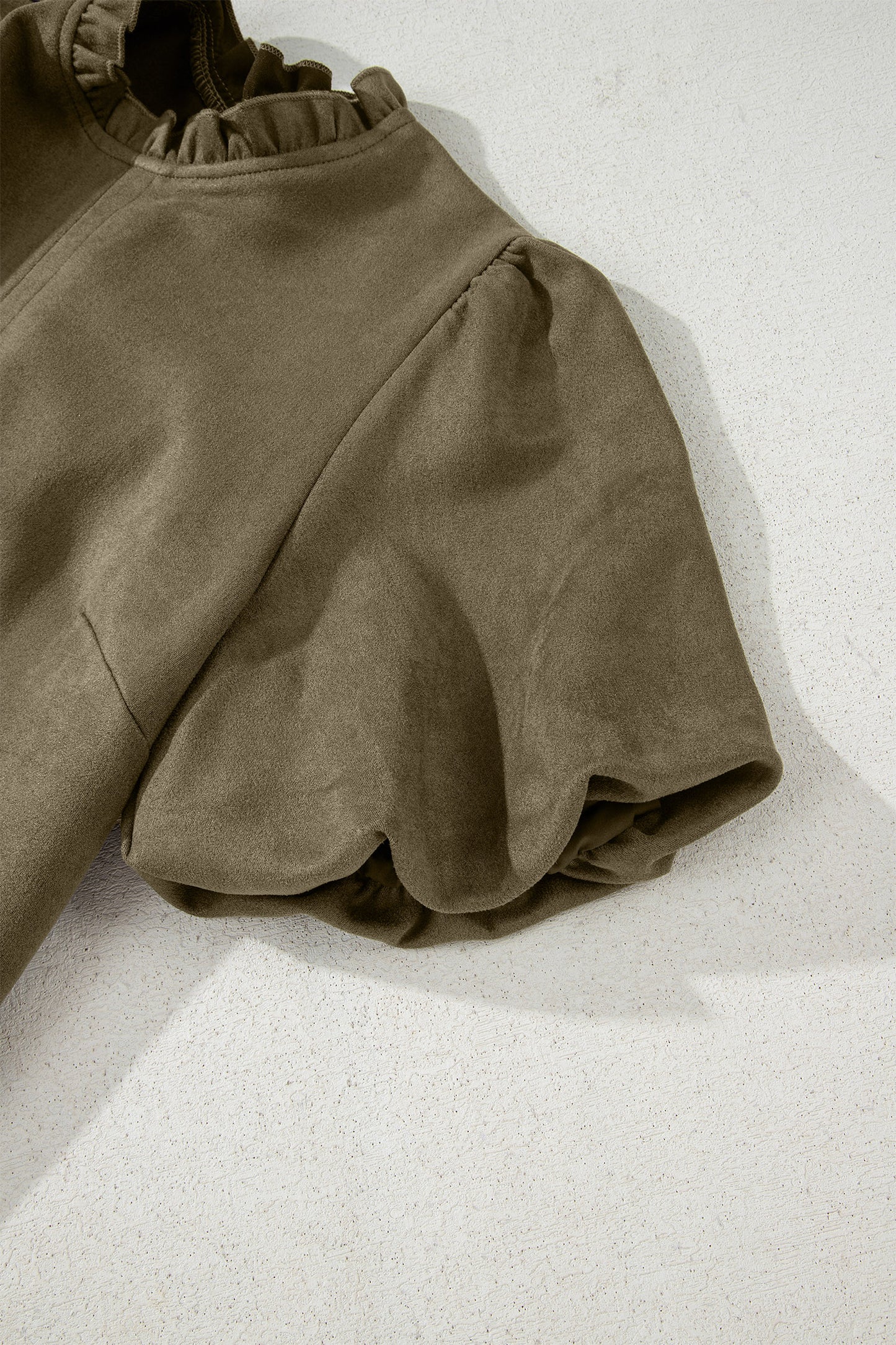 Moss Green Frilled Round Neck Short Puff Sleeve Shift Mini Dress-TOPS / DRESSES-[Adult]-[Female]-2022 Online Blue Zone Planet