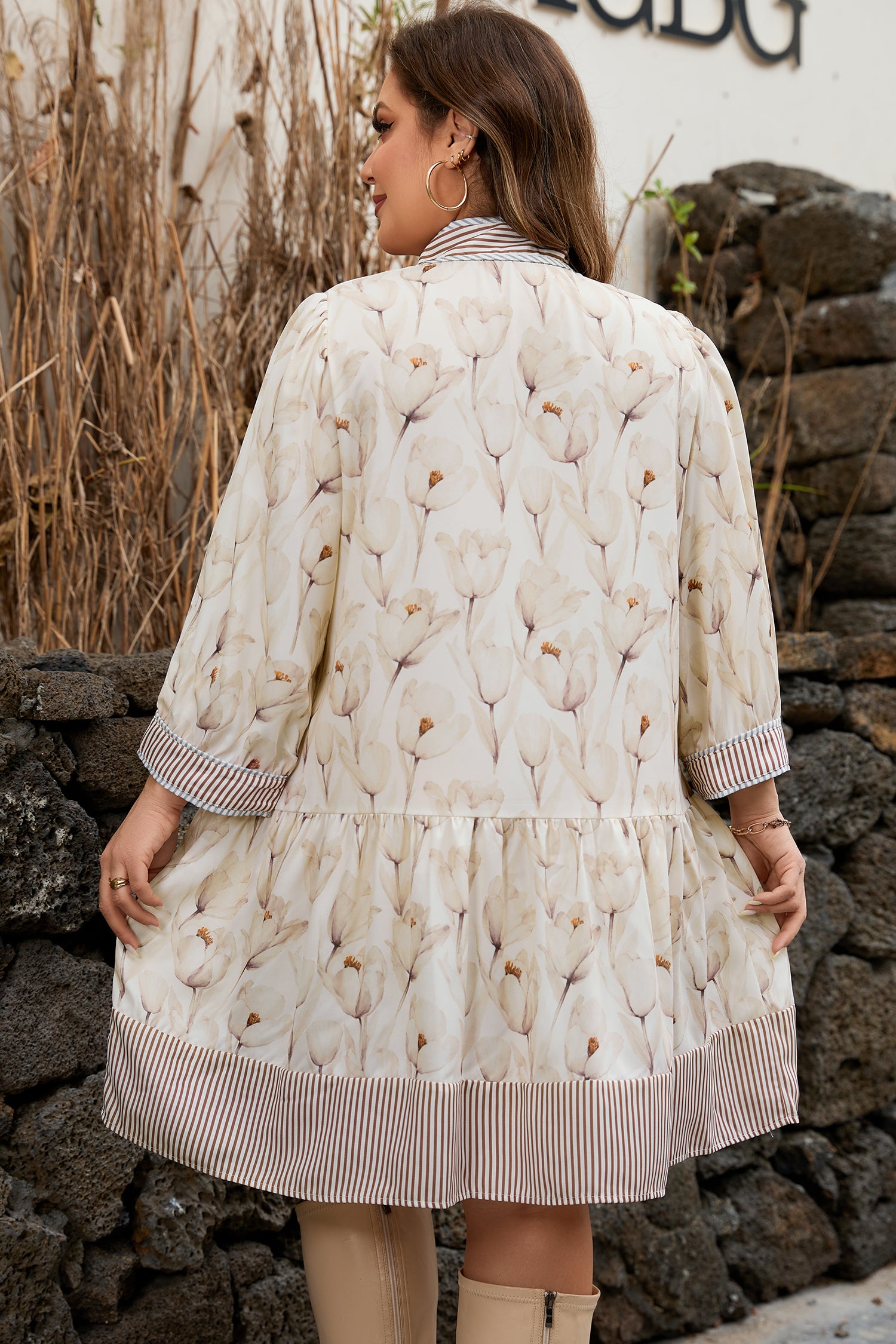 Khaki Plus Size Floral Print Striped Trim Patchwork Button Down A-line Dress-TOPS / DRESSES-[Adult]-[Female]-2022 Online Blue Zone Planet