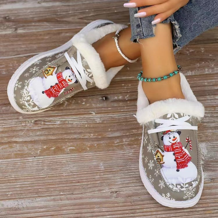 Snowman Print Round Toe Slip-Ons-SHOES-[Adult]-[Female]-2022 Online Blue Zone Planet