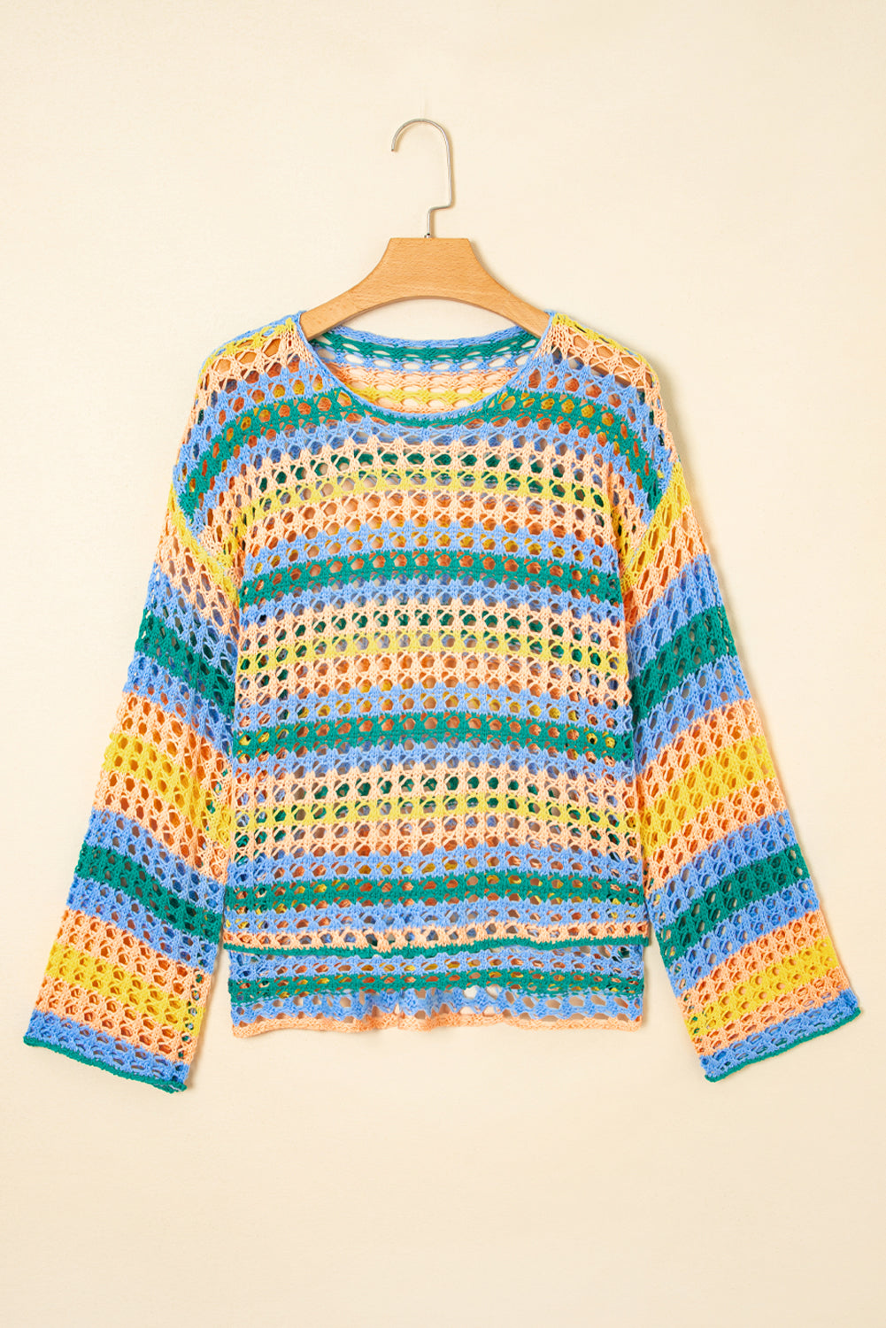 Beau Blue Multi Stripe Open Knit Sweater Beach Cover Up-TOPS / DRESSES-[Adult]-[Female]-2022 Online Blue Zone Planet