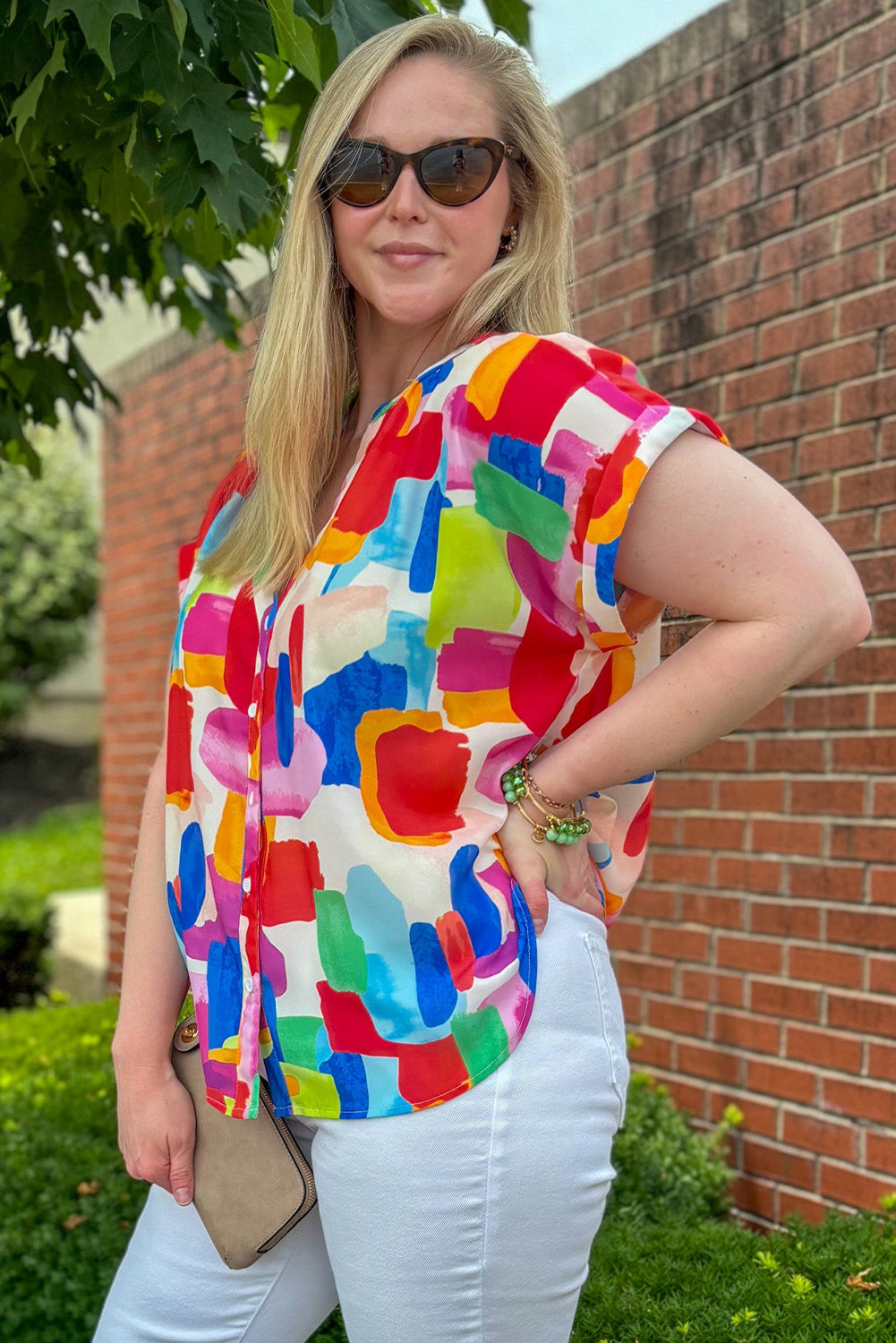 Colorful Brush Stroke Printed Plus Size Button Split Neck Blouse-Plus Size/Plus Size Tops/Plus Size Blouses & Shirts-[Adult]-[Female]-2022 Online Blue Zone Planet