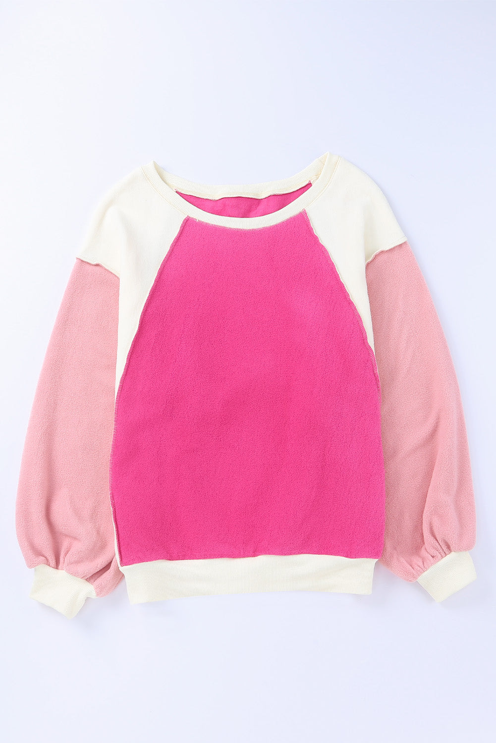 Blue Zone Planet | Rosy Colorblock Patchwork Plush Pullover Sweatshirt-Sweatshirts & Hoodies-[Adult]-[Female]-2022 Online Blue Zone Planet