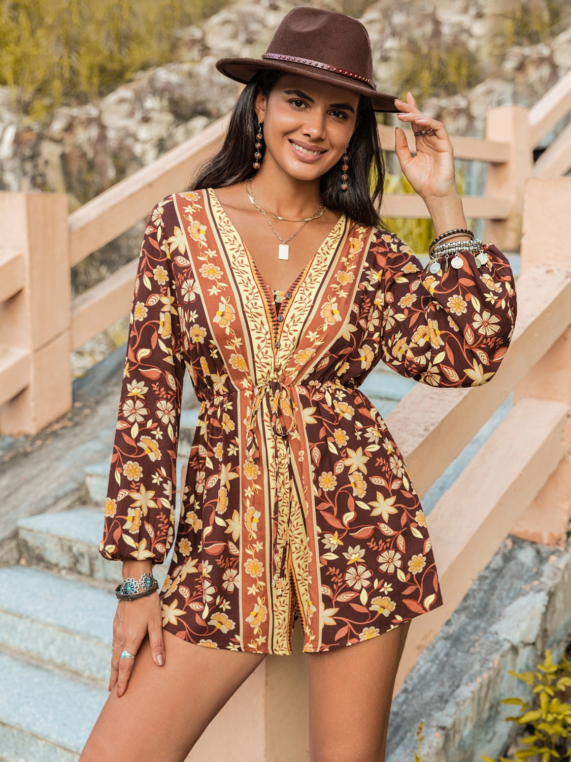 V-Neck Long Sleeve Romper-TOPS / DRESSES-[Adult]-[Female]-Chestnut-S-2022 Online Blue Zone Planet