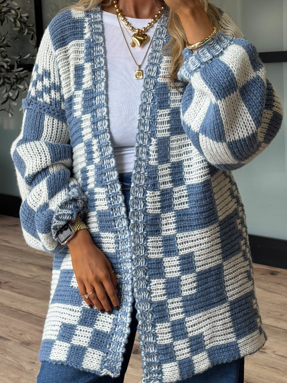 Checkered Open Front Long Sleeve Cardigan-TOPS / DRESSES-[Adult]-[Female]-Mocha-S-2022 Online Blue Zone Planet