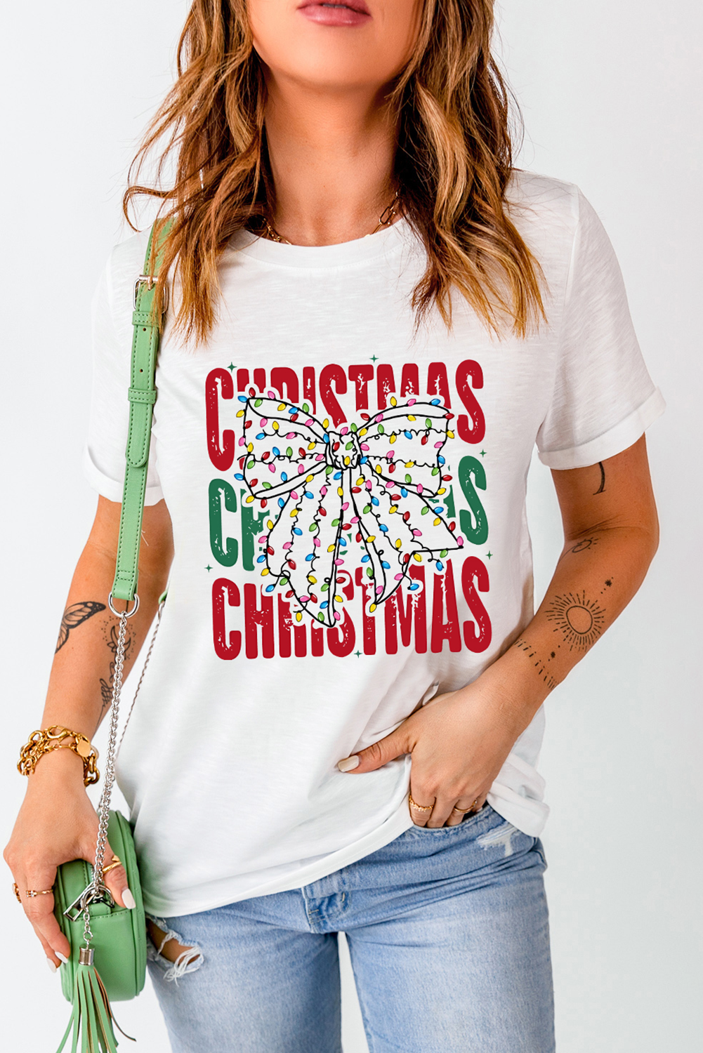 White Christmas Bowknot Graphic Tee-Graphic Tees-[Adult]-[Female]-2022 Online Blue Zone Planet