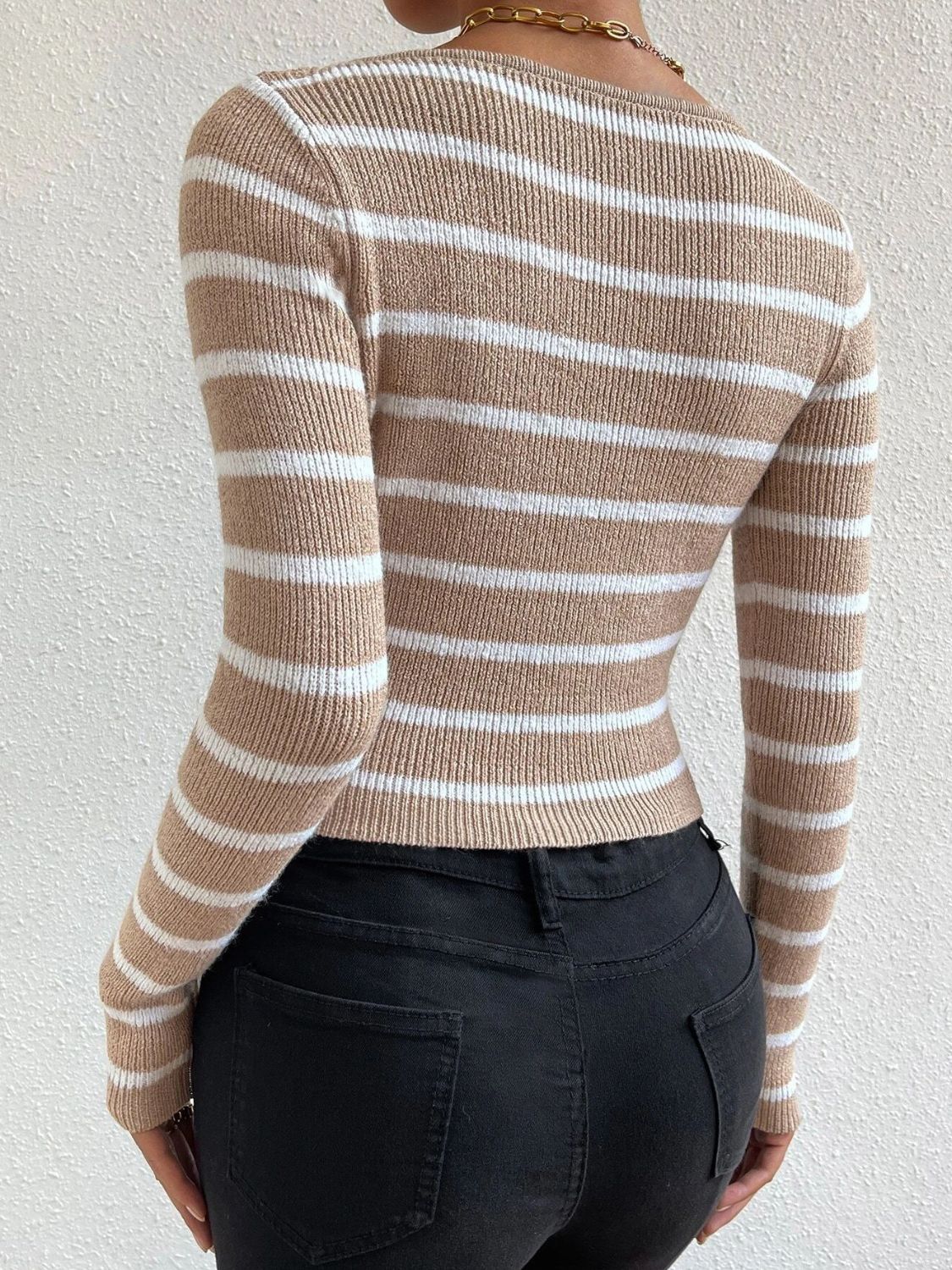 Striped Notched Long Sleeve Sweater-TOPS / DRESSES-[Adult]-[Female]-2022 Online Blue Zone Planet