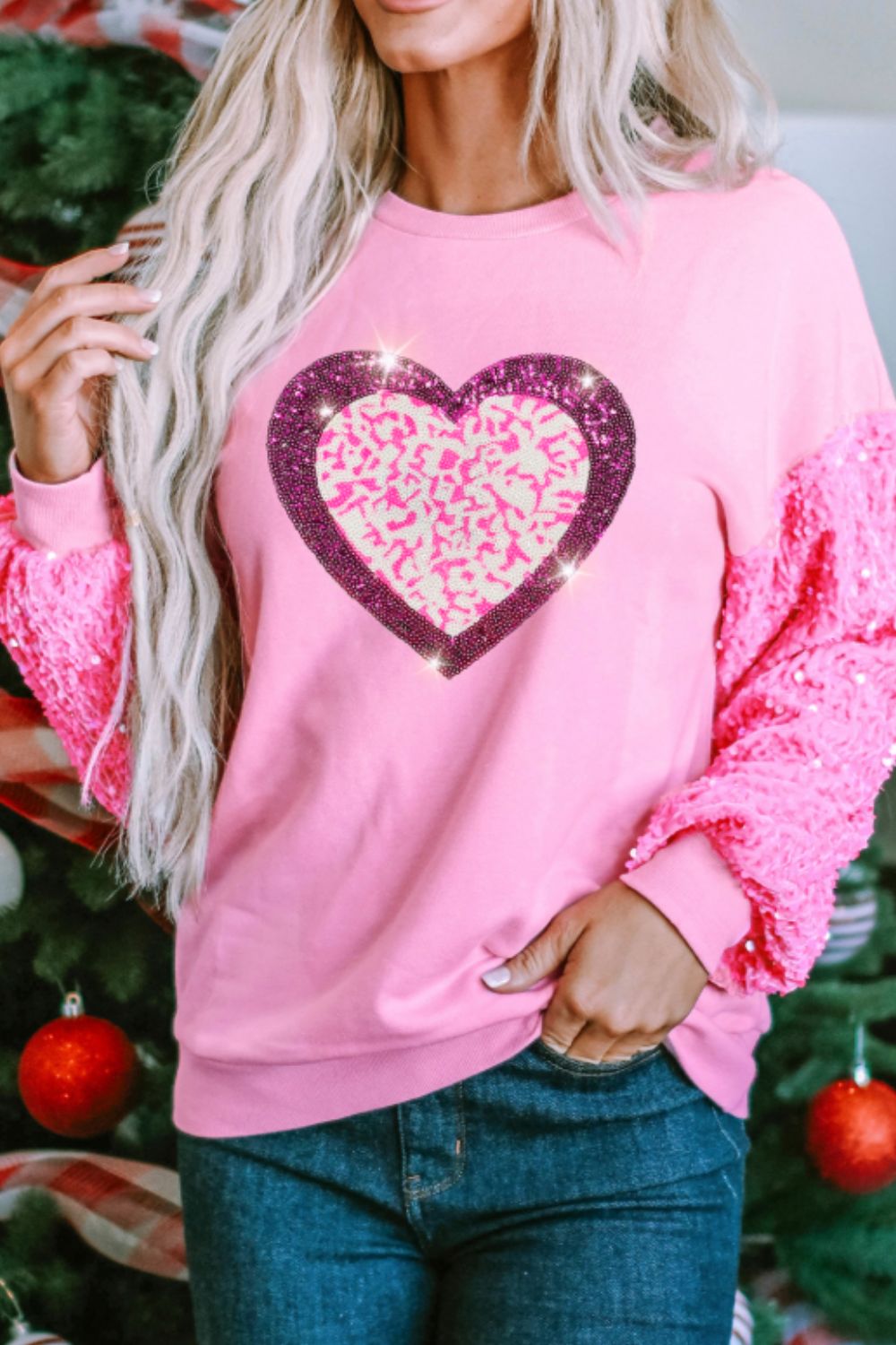 Valentine’s Day Sequin Heart Long Sleeve Sweatshirt-TOPS / DRESSES-[Adult]-[Female]-2022 Online Blue Zone Planet