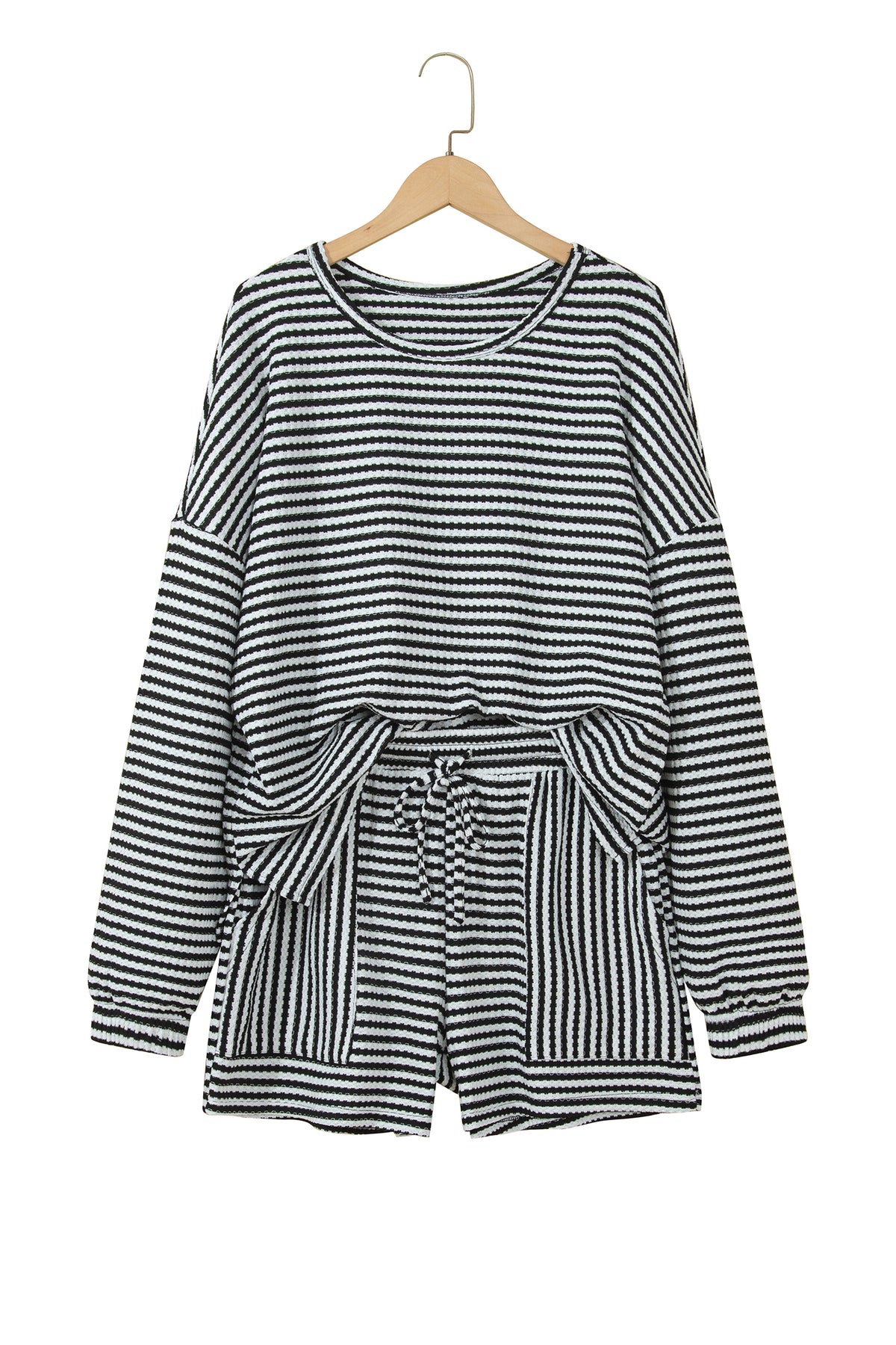 Brown Stripe Textured Knit Long Sleeve Top Elastic Waist Shorts Casual Outfit-Two Piece Sets/Short Sets-[Adult]-[Female]-2022 Online Blue Zone Planet