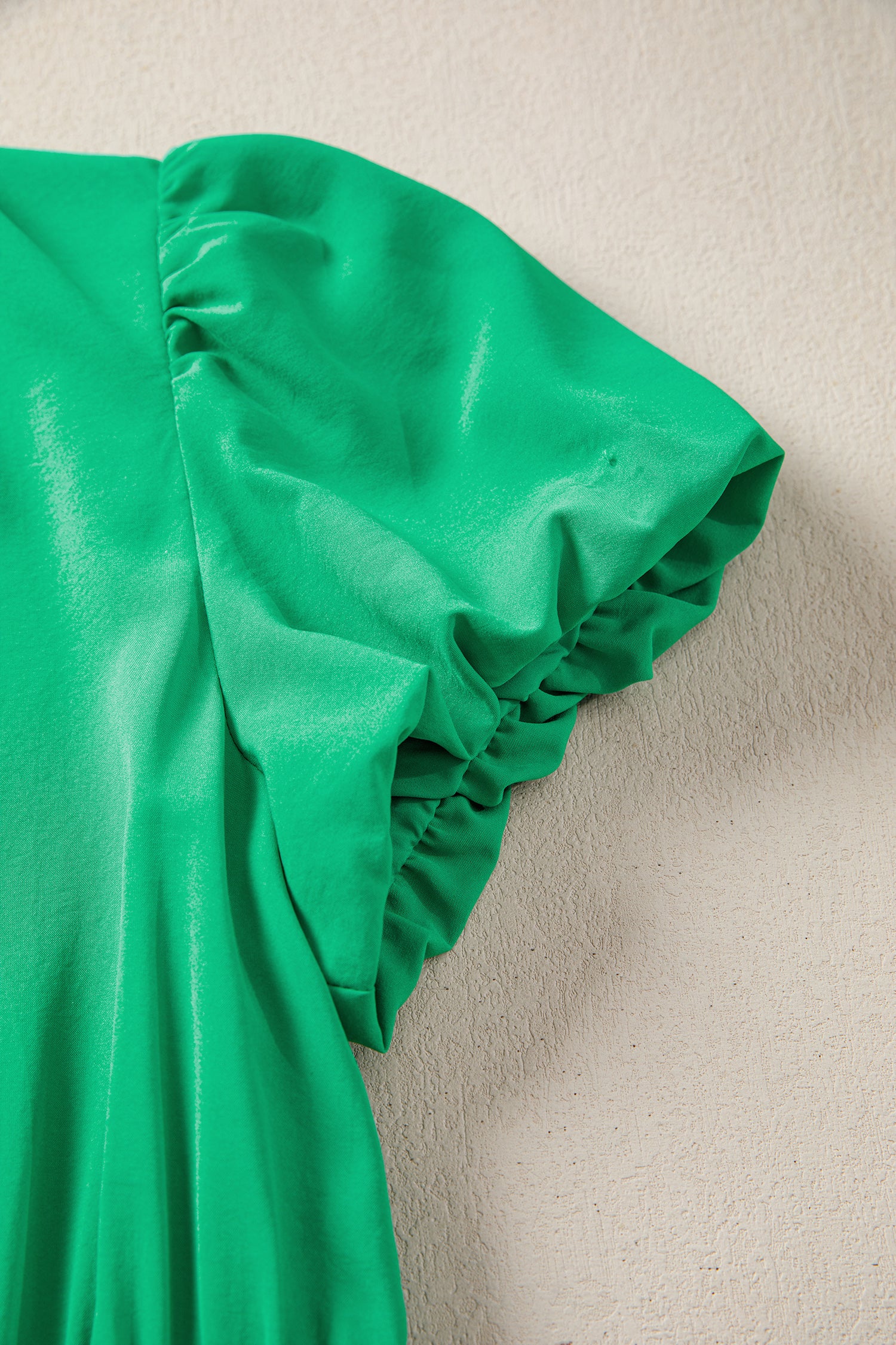 Bright Green Solid Color V Neck Short Puff Sleeve High Waist Tiered Maxi Dress-TOPS / DRESSES-[Adult]-[Female]-2022 Online Blue Zone Planet