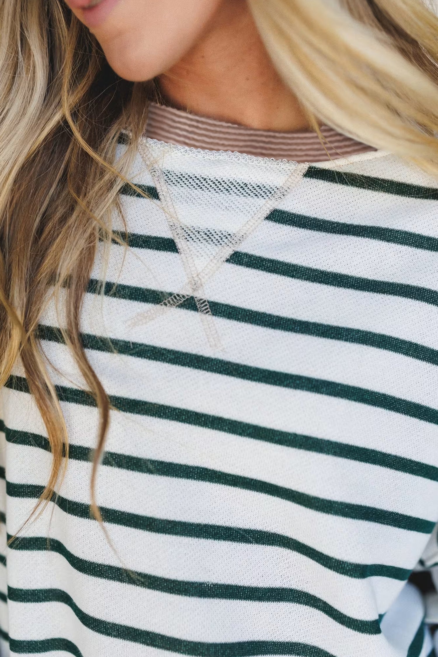 White Stripe Twisted Ribbed Patchwork Drop Shoulder Round Neck Sweatshirt-Tops/Sweatshirts & Hoodies-[Adult]-[Female]-2022 Online Blue Zone Planet