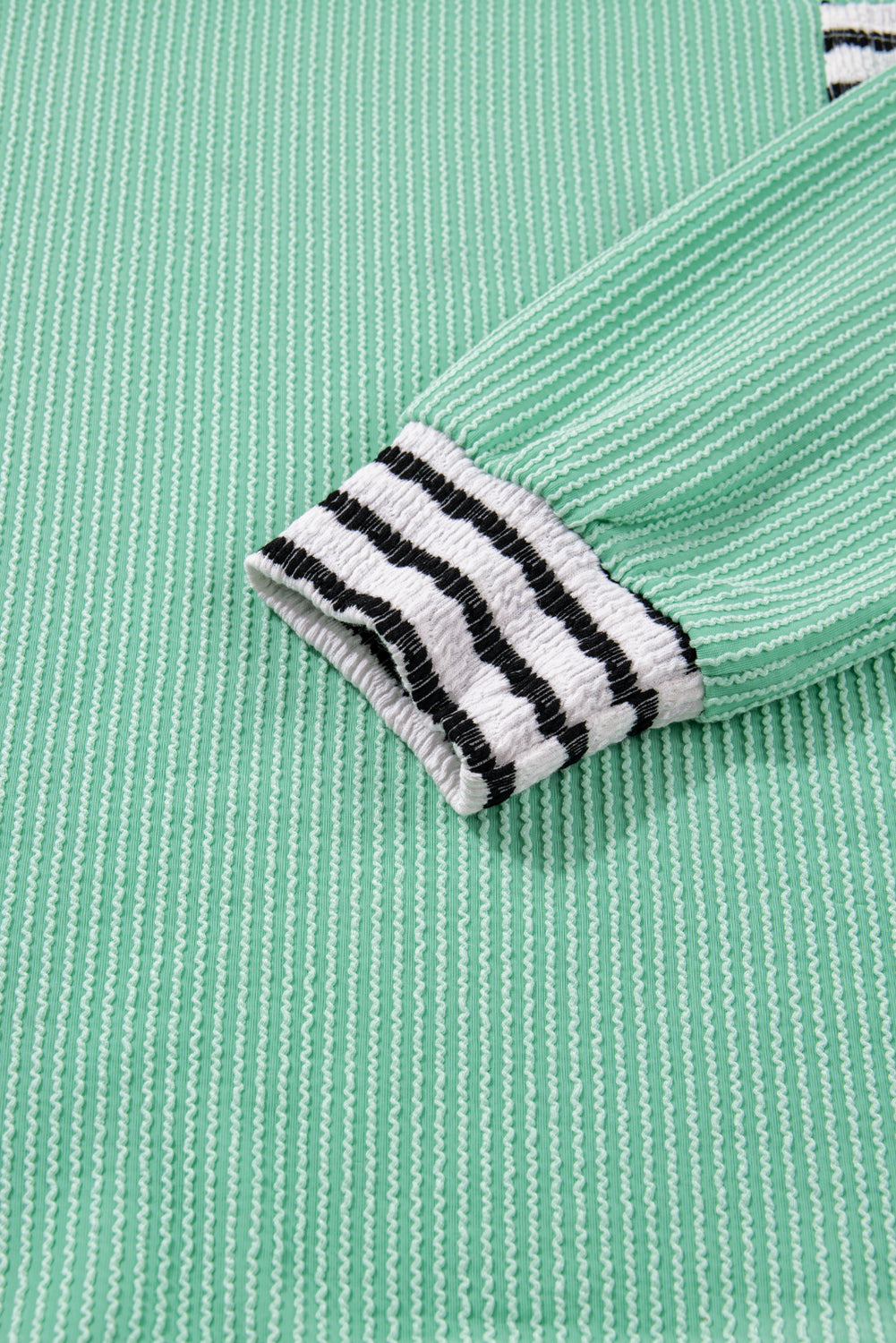 Sea Green Twisted Ribbed Contrast Round Neck Striped Patchwork Long Sleeve Top-Tops/Long Sleeve Tops-[Adult]-[Female]-2022 Online Blue Zone Planet